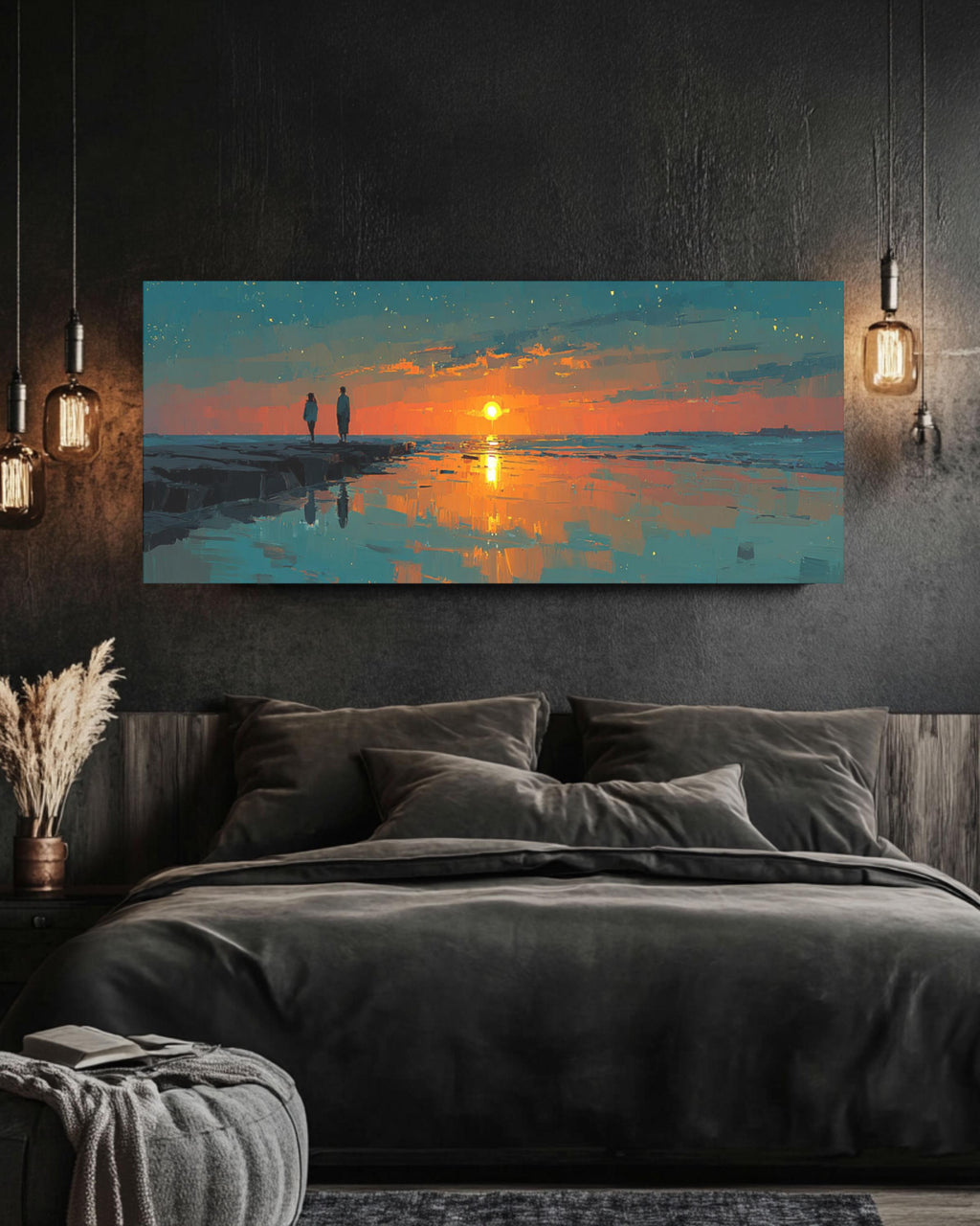 Teal & Orange Sunset Seascape Canvas Art – Modern Coastal