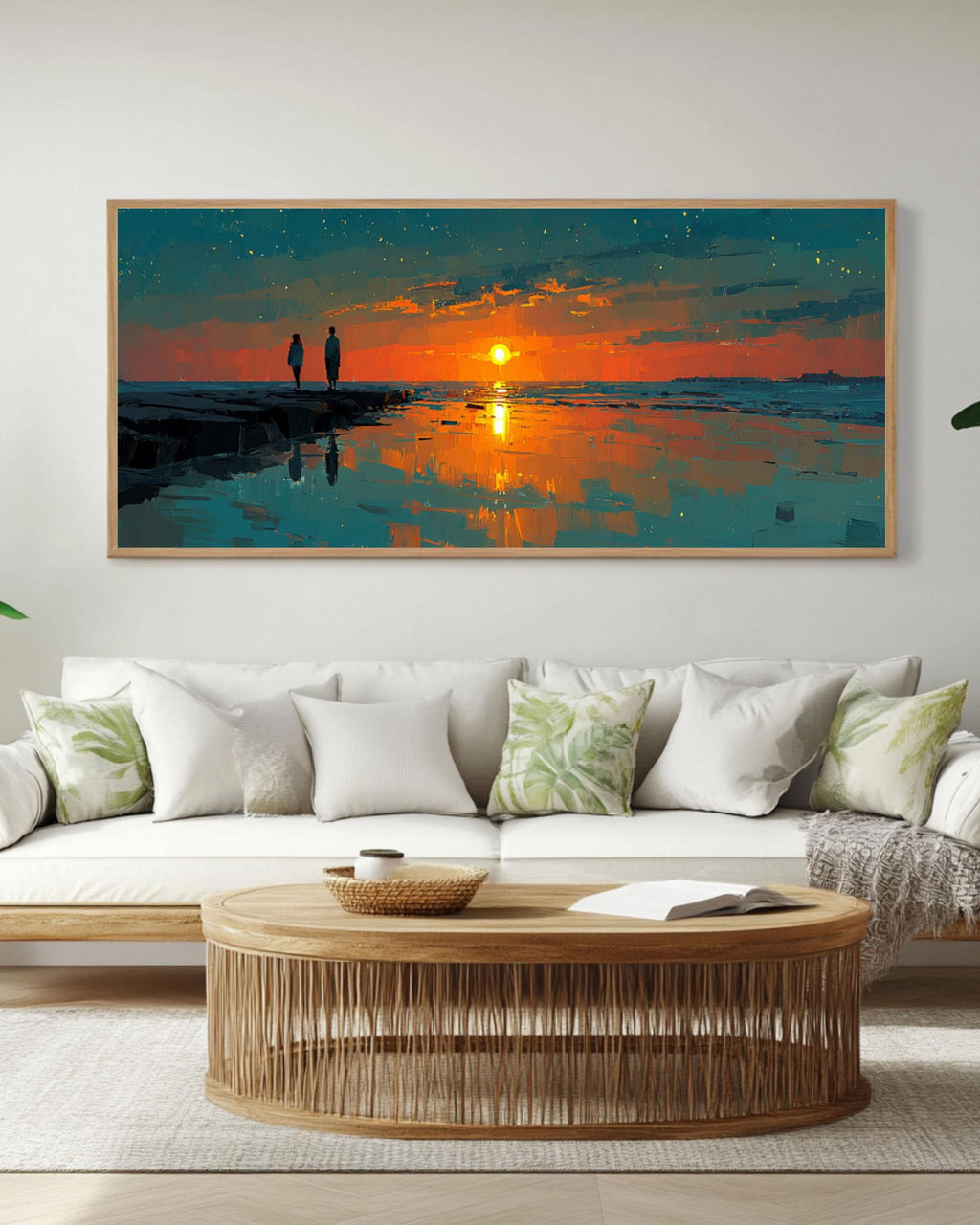 Teal & Orange Sunset Seascape Canvas Art – Modern Coastal