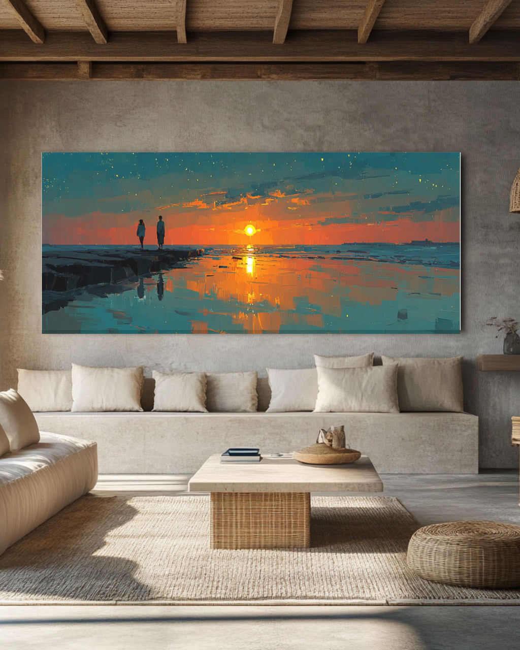 Teal & Orange Sunset Seascape Canvas Art – Modern Coastal