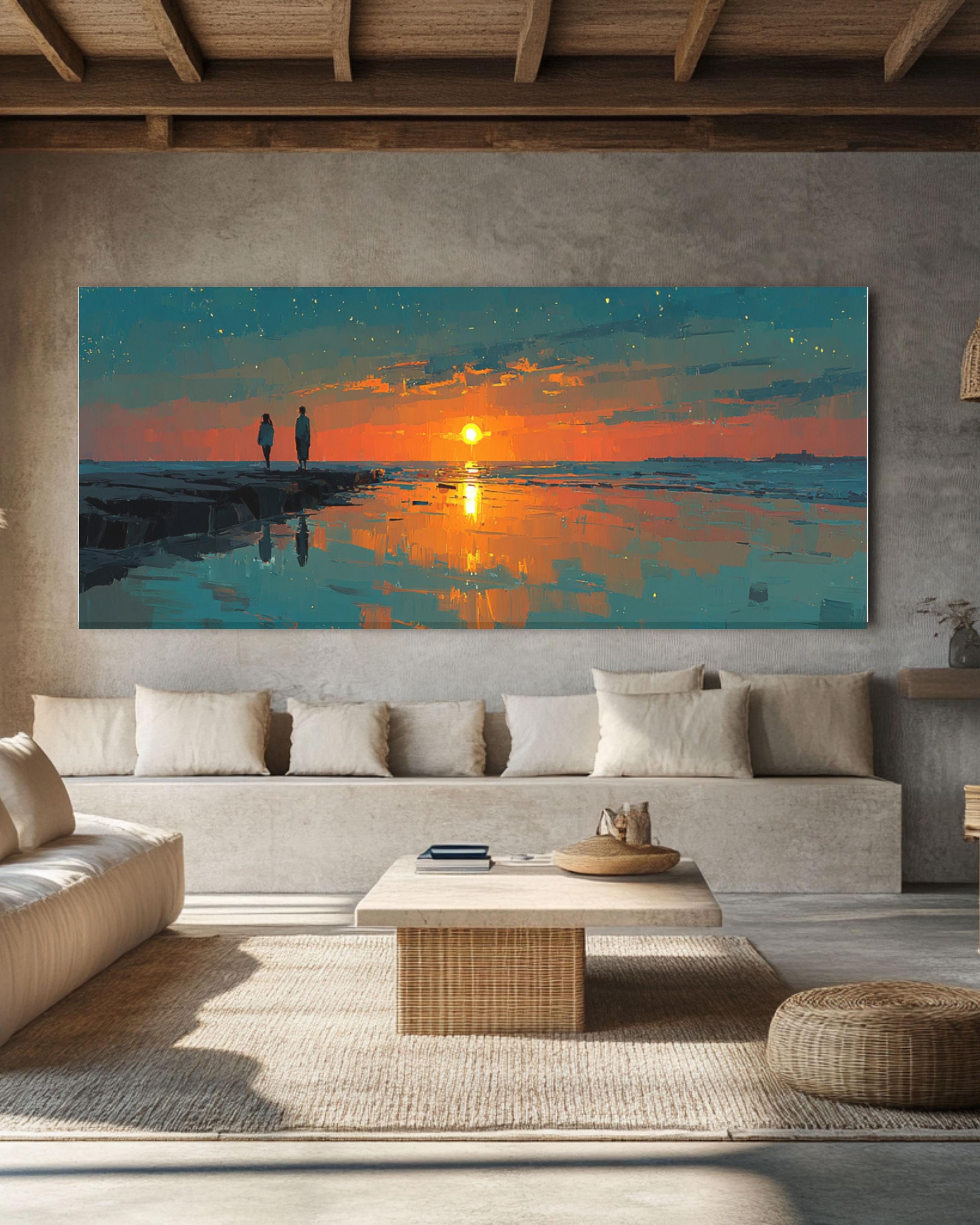 Teal & Orange Sunset Seascape Canvas Art – Modern Coastal