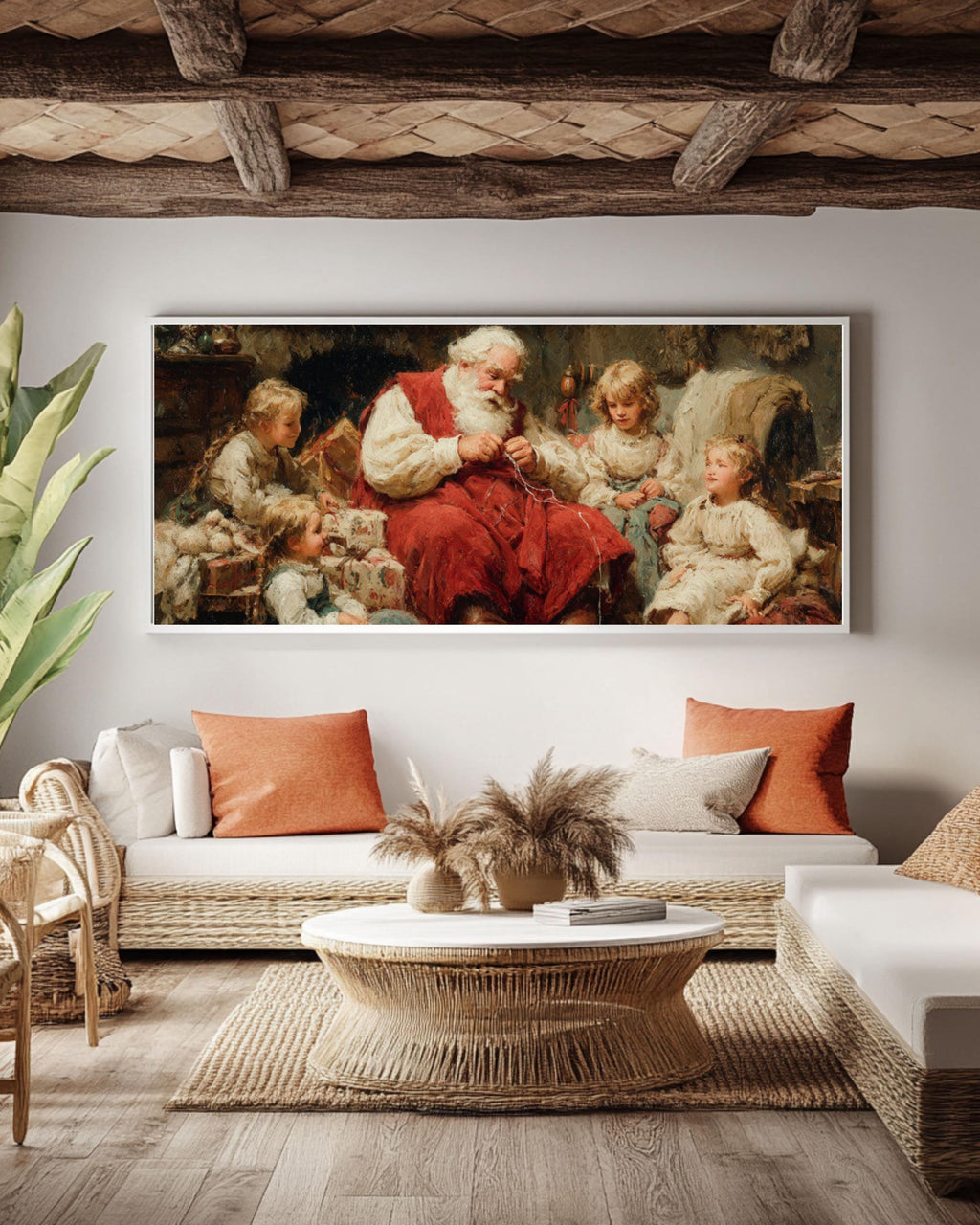 Vintage Santa Christmas Canvas Art – Holiday Cottage Scene