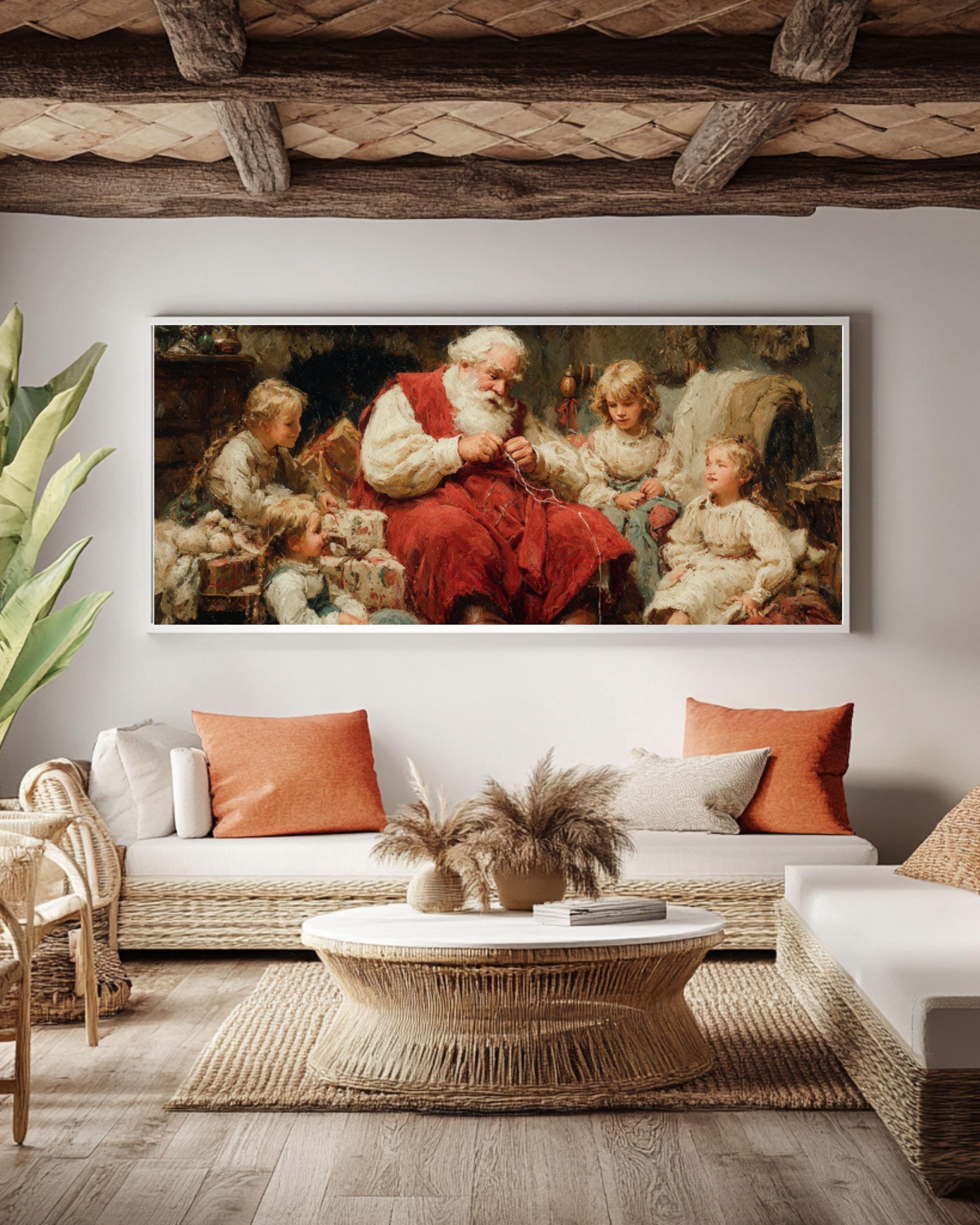 Vintage Santa Christmas Canvas Art – Holiday Cottage Scene