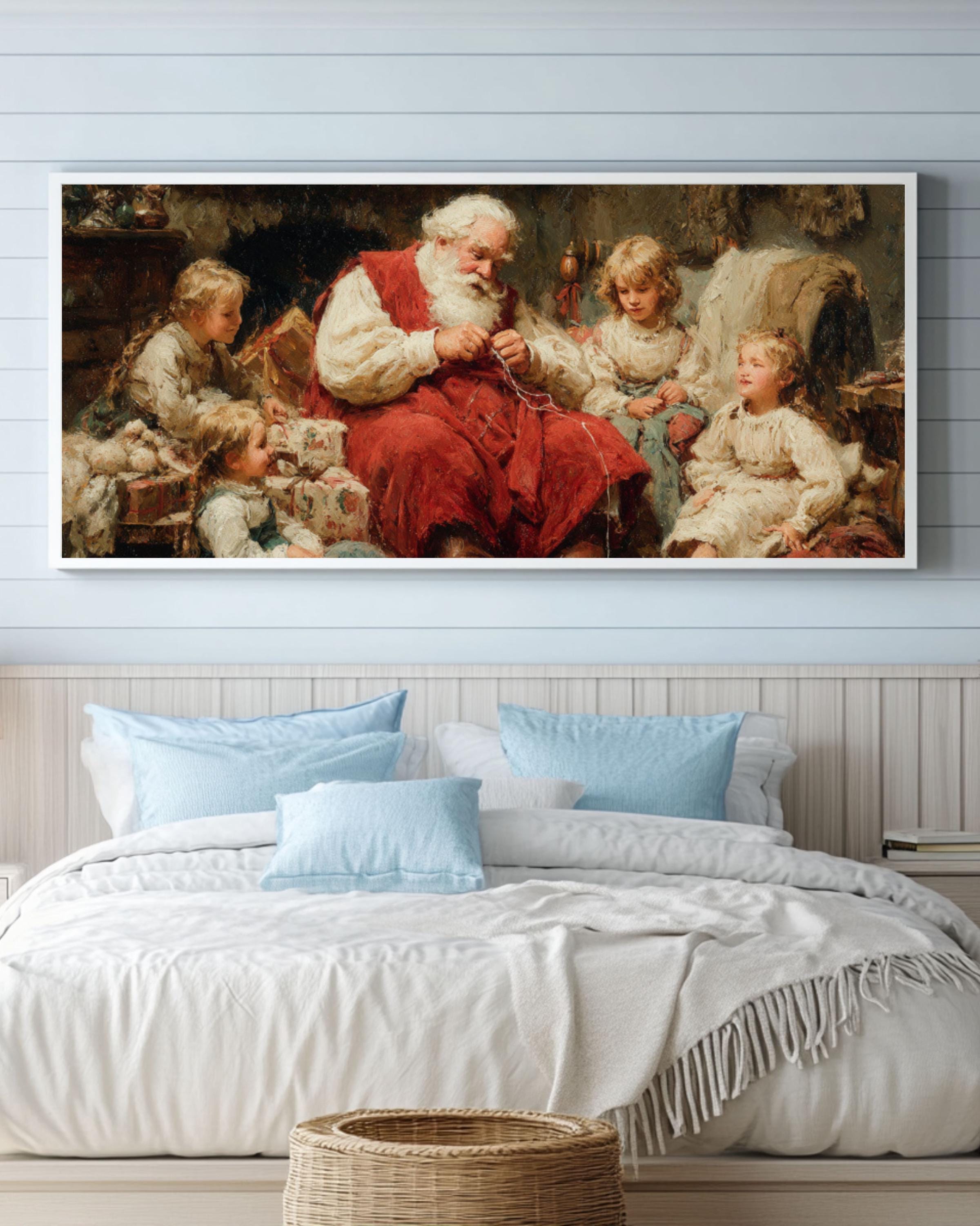 Vintage Santa Christmas Canvas Art – Holiday Cottage Scene