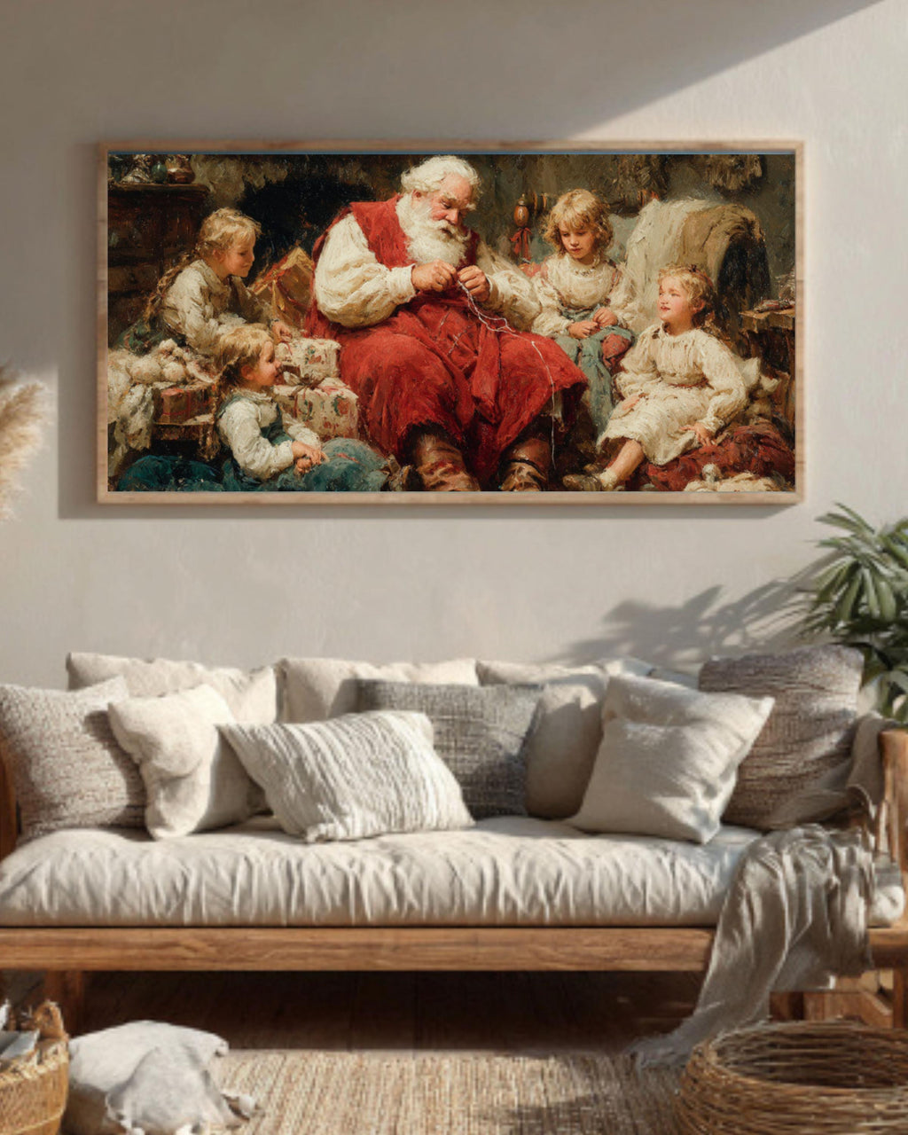 Vintage Santa Christmas Canvas Art – Holiday Cottage Scene