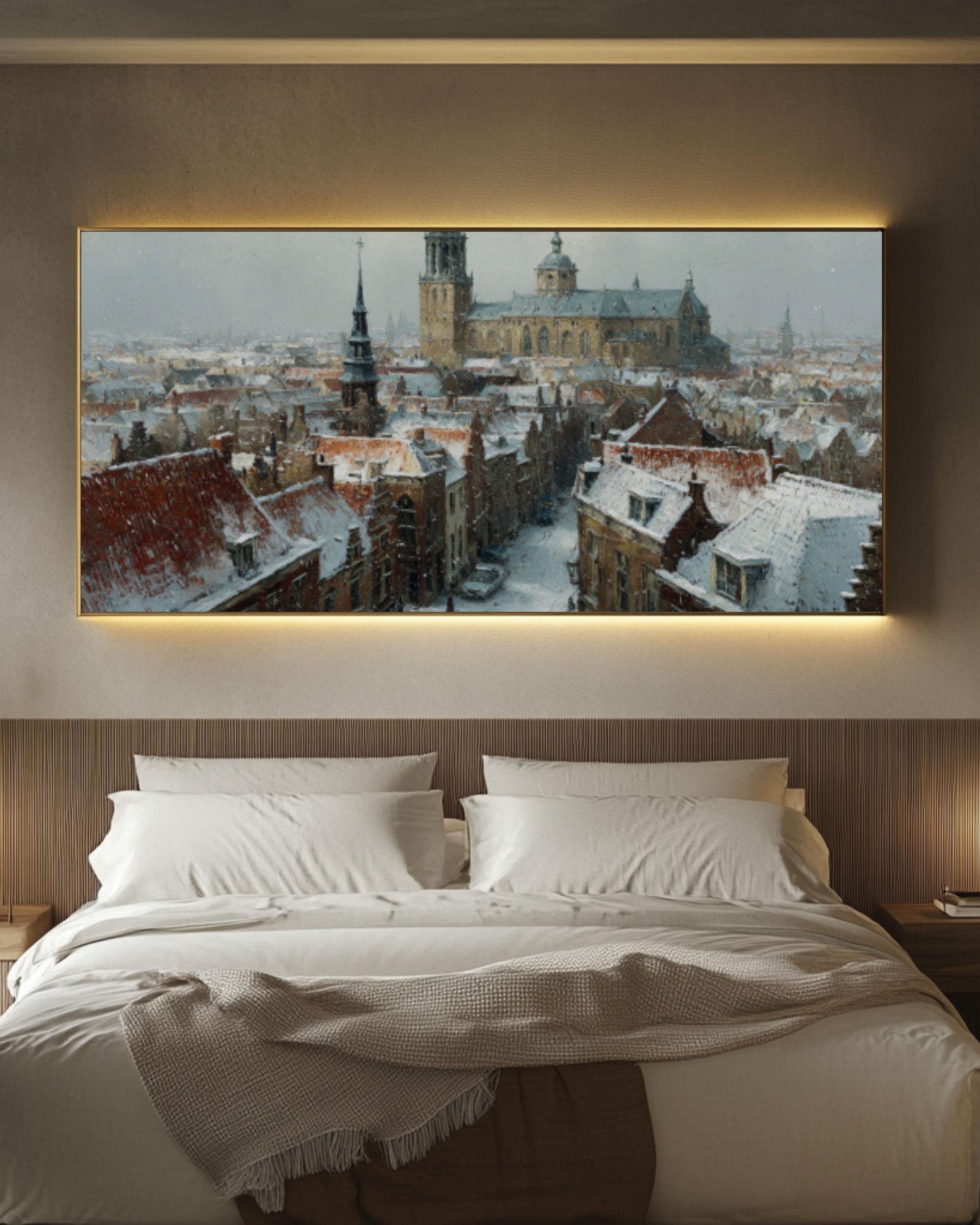 Snowy Dutch Town Canvas Art – Winter Landscape Painting