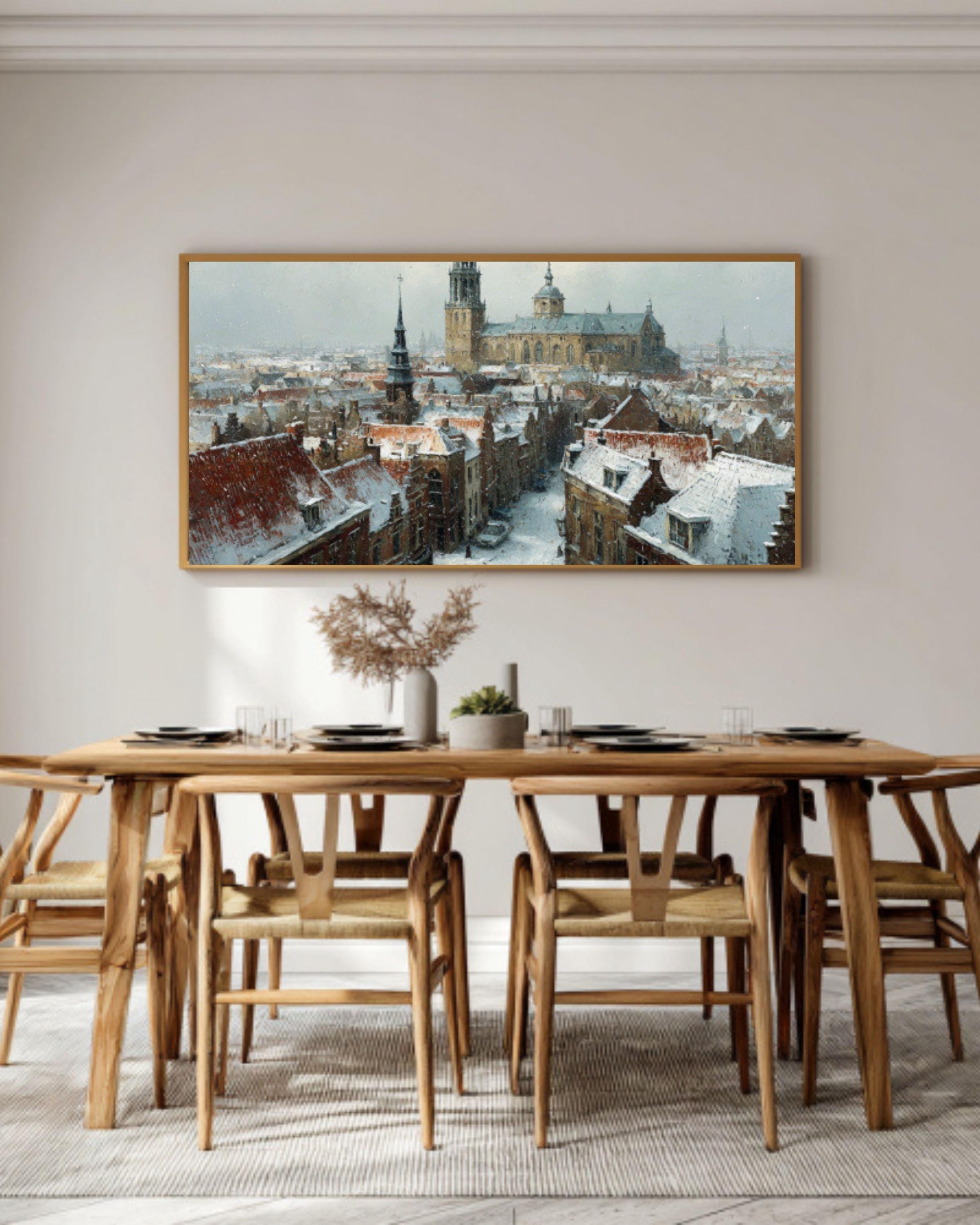 Snowy Dutch Town Canvas Art – Winter Landscape Painting