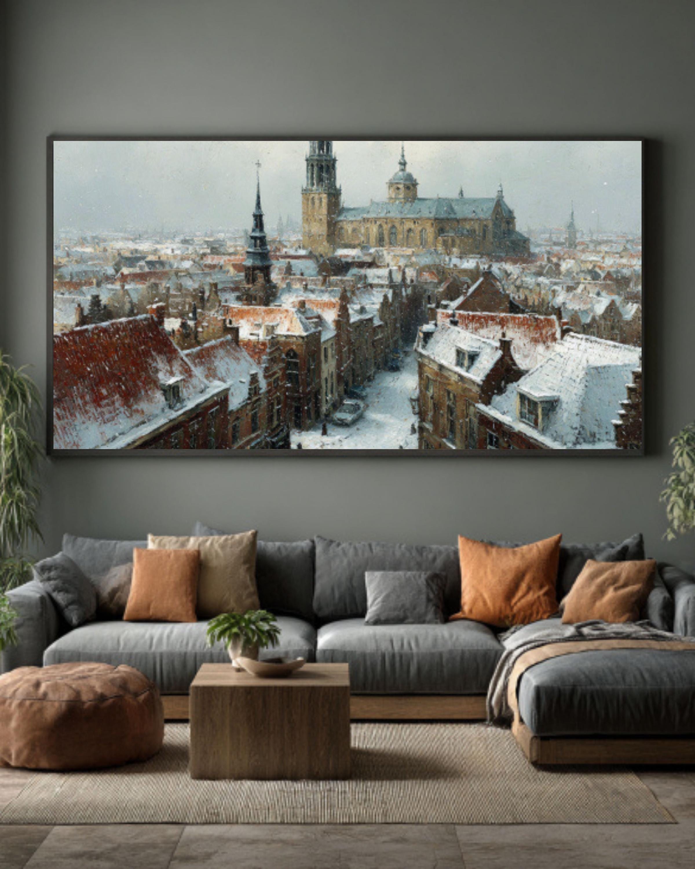 Snowy Dutch Town Canvas Art – Winter Landscape Painting