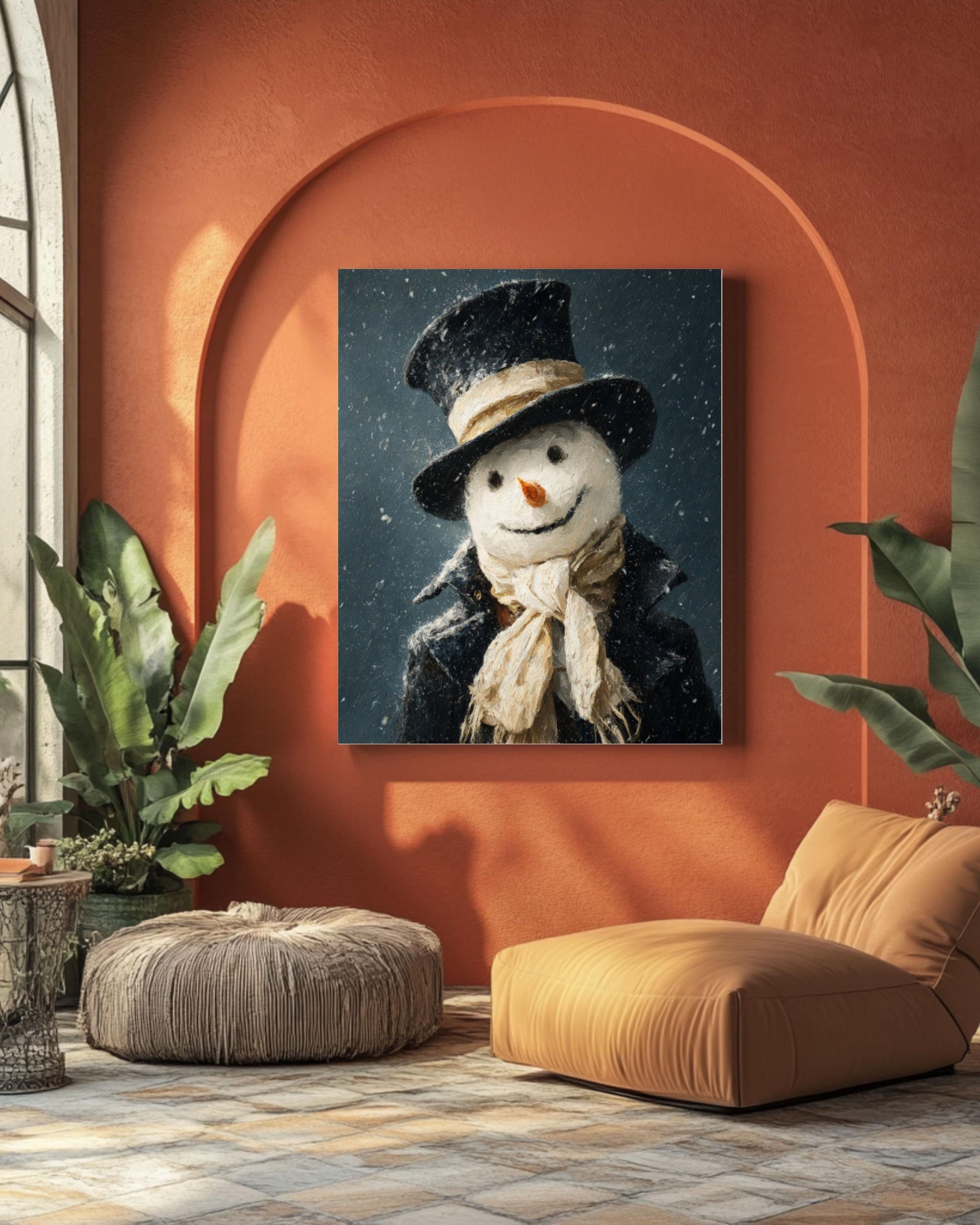 Smiling Snowman Winter Canvas Wall Art – Whimsical Holiday Painting