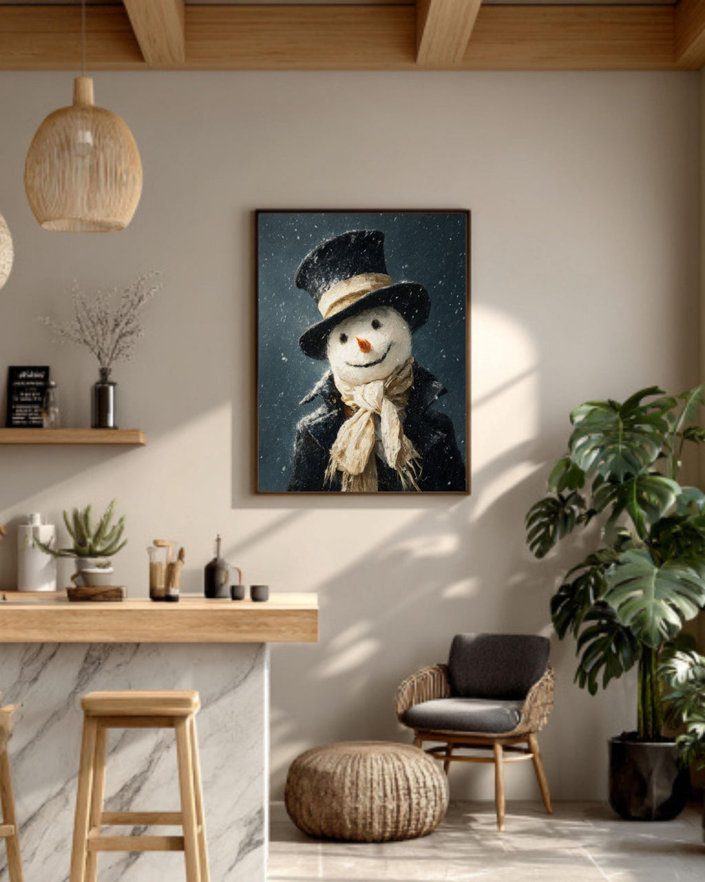 Smiling Snowman Winter Canvas Wall Art – Whimsical Holiday Painting
