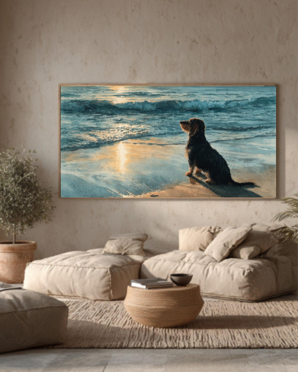 Dachshund Beach Watercolor Canvas Wall Art – Coastal Dog Art Print