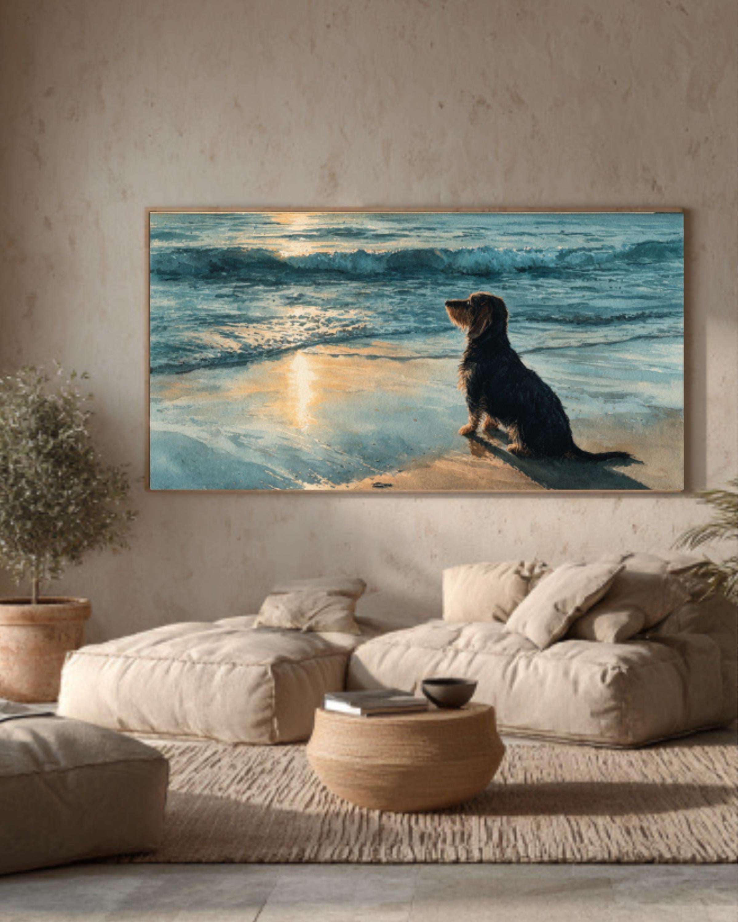 Dachshund Beach Watercolor Canvas Wall Art – Coastal Dog Art Print