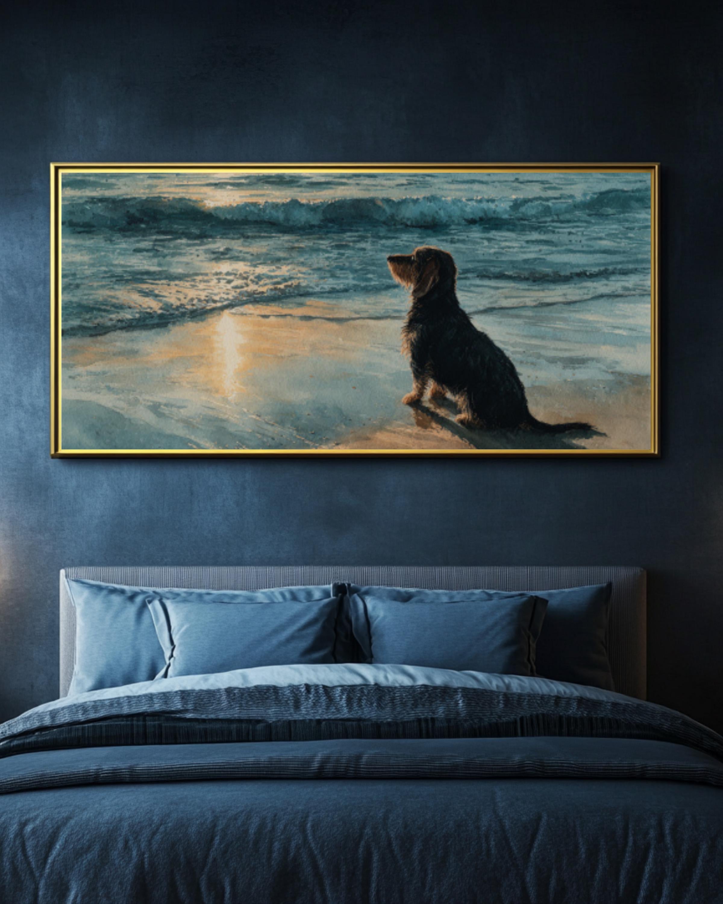 Dachshund Beach Watercolor Canvas Wall Art – Coastal Dog Art Print