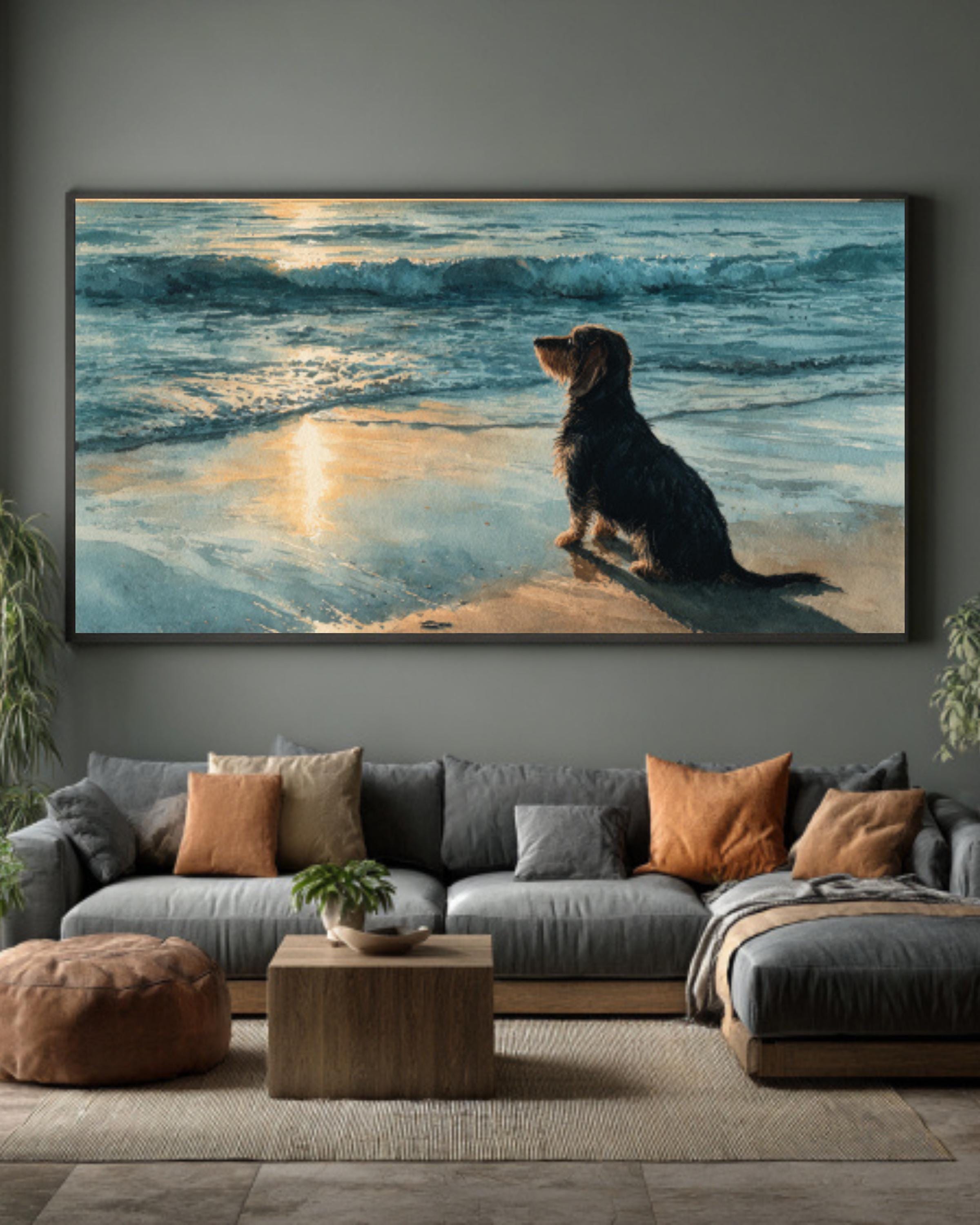 Dachshund Beach Watercolor Canvas Wall Art – Coastal Dog Art Print
