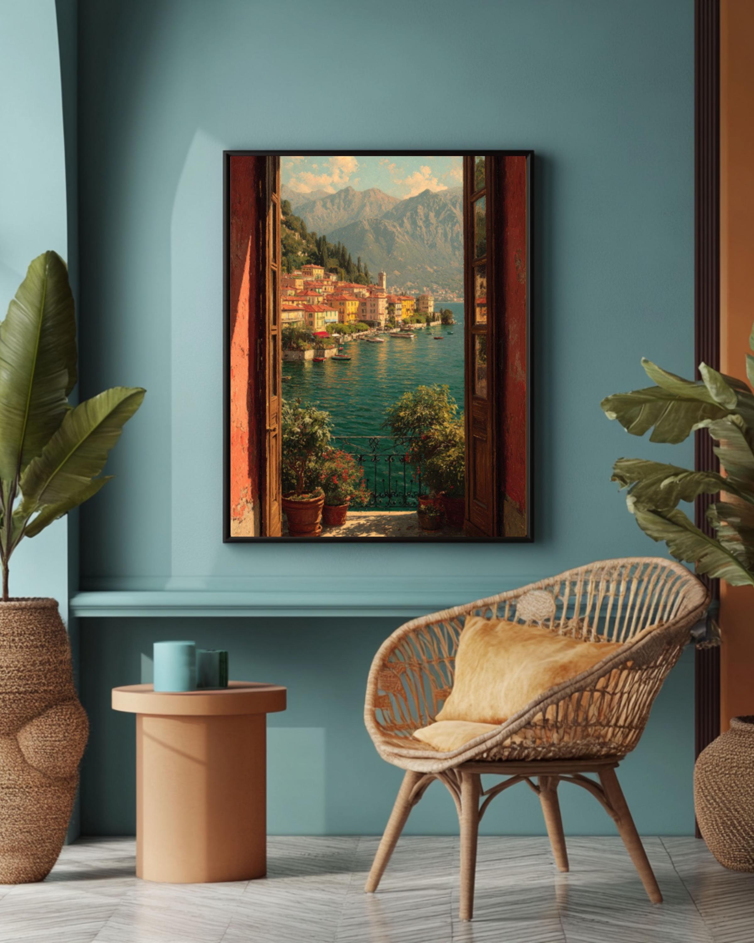 Lake Como Balcony View Canvas Art – Italian Landscape