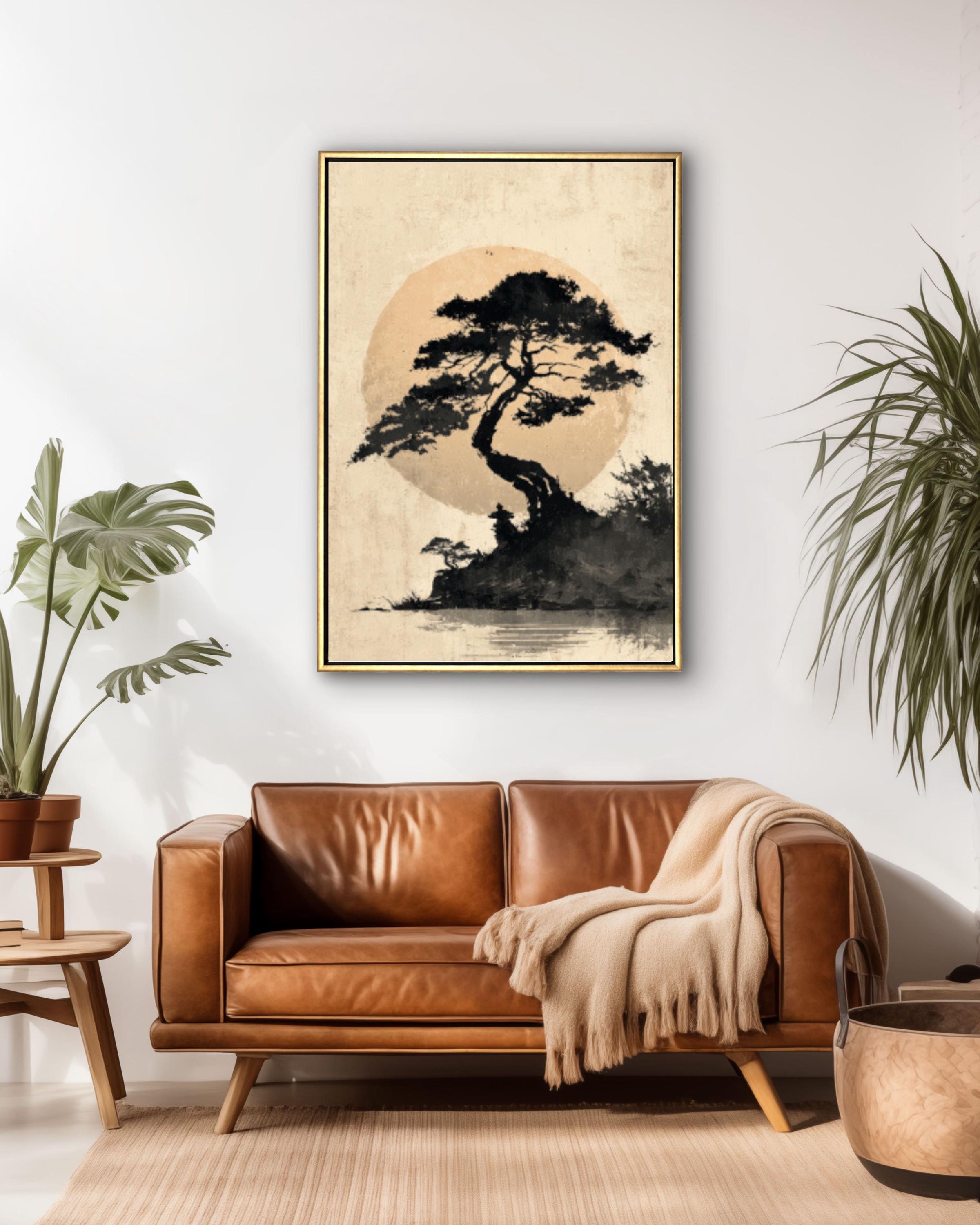 Japanese Tree and Moon Ink Wash Canvas Wall Art – Minimalist Zen Art