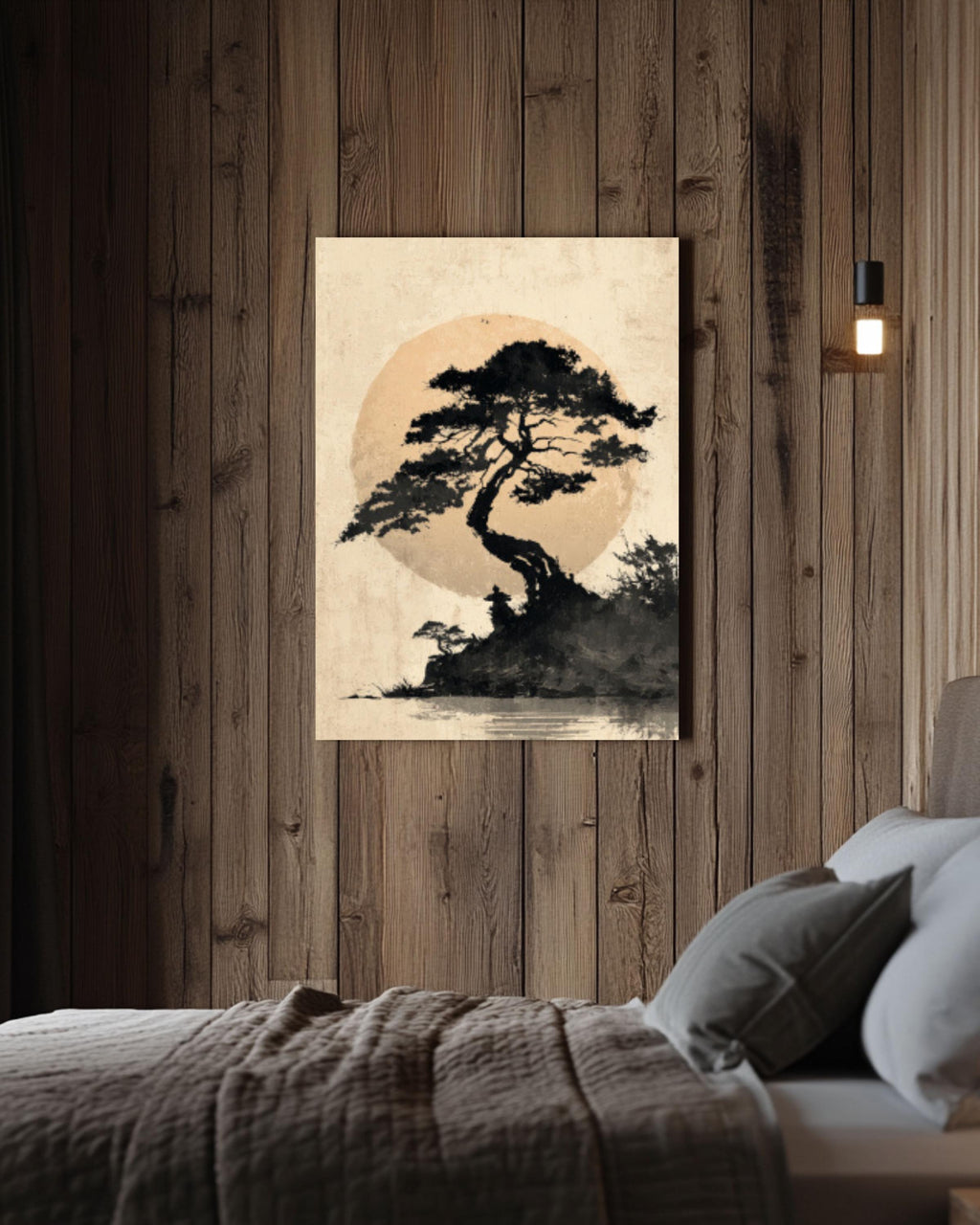 Japanese Tree and Moon Ink Wash Canvas Wall Art – Minimalist Zen Art