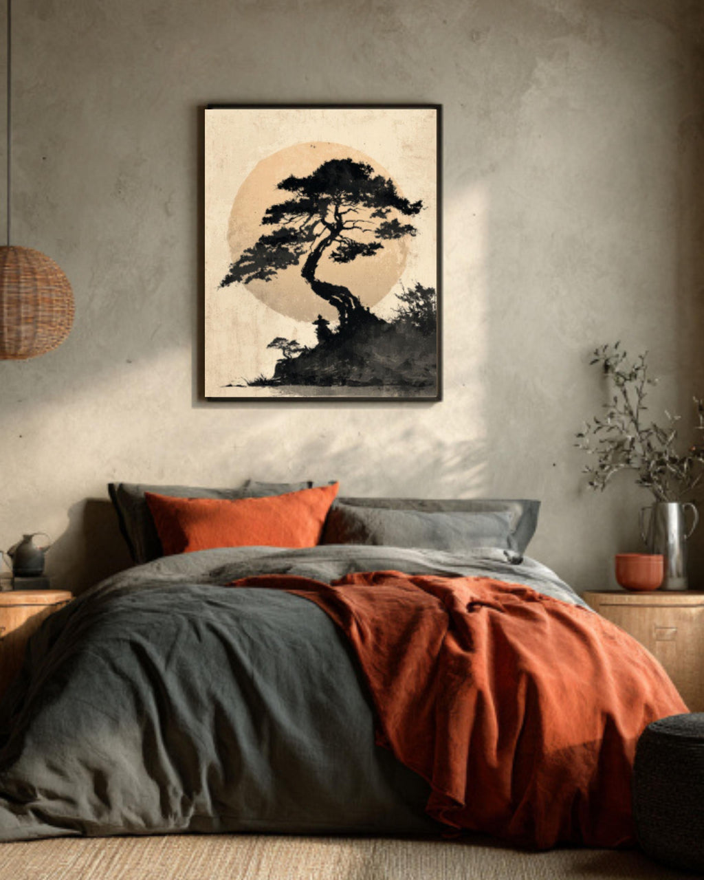 Japanese Tree and Moon Ink Wash Canvas Wall Art – Minimalist Zen Art