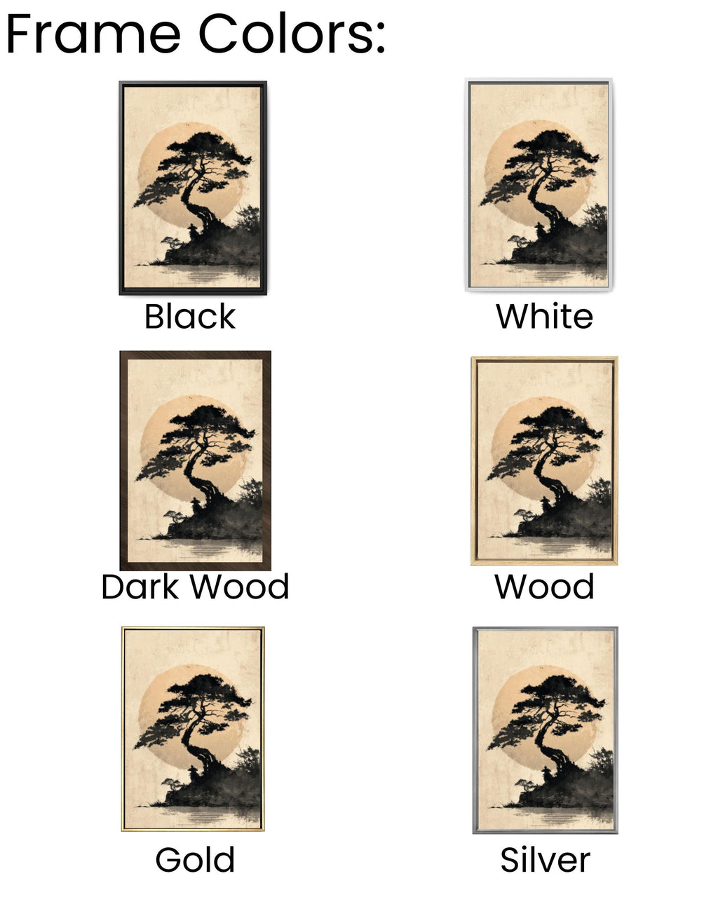 Japanese Tree and Moon Ink Wash Canvas Wall Art – Minimalist Zen Art