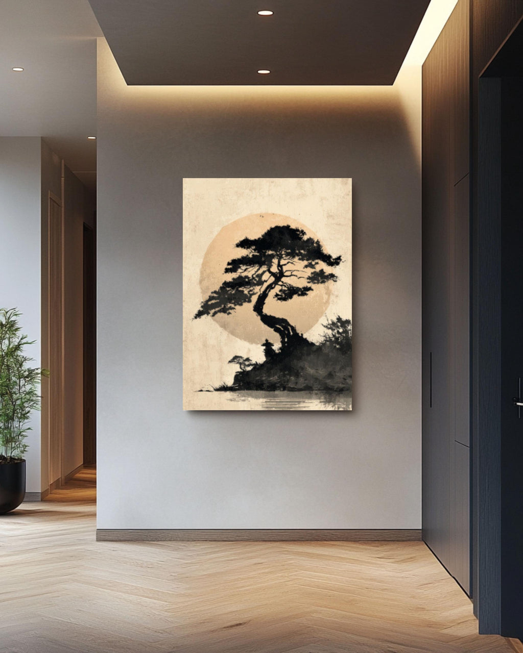 Japanese Tree and Moon Ink Wash Canvas Wall Art – Minimalist Zen Art