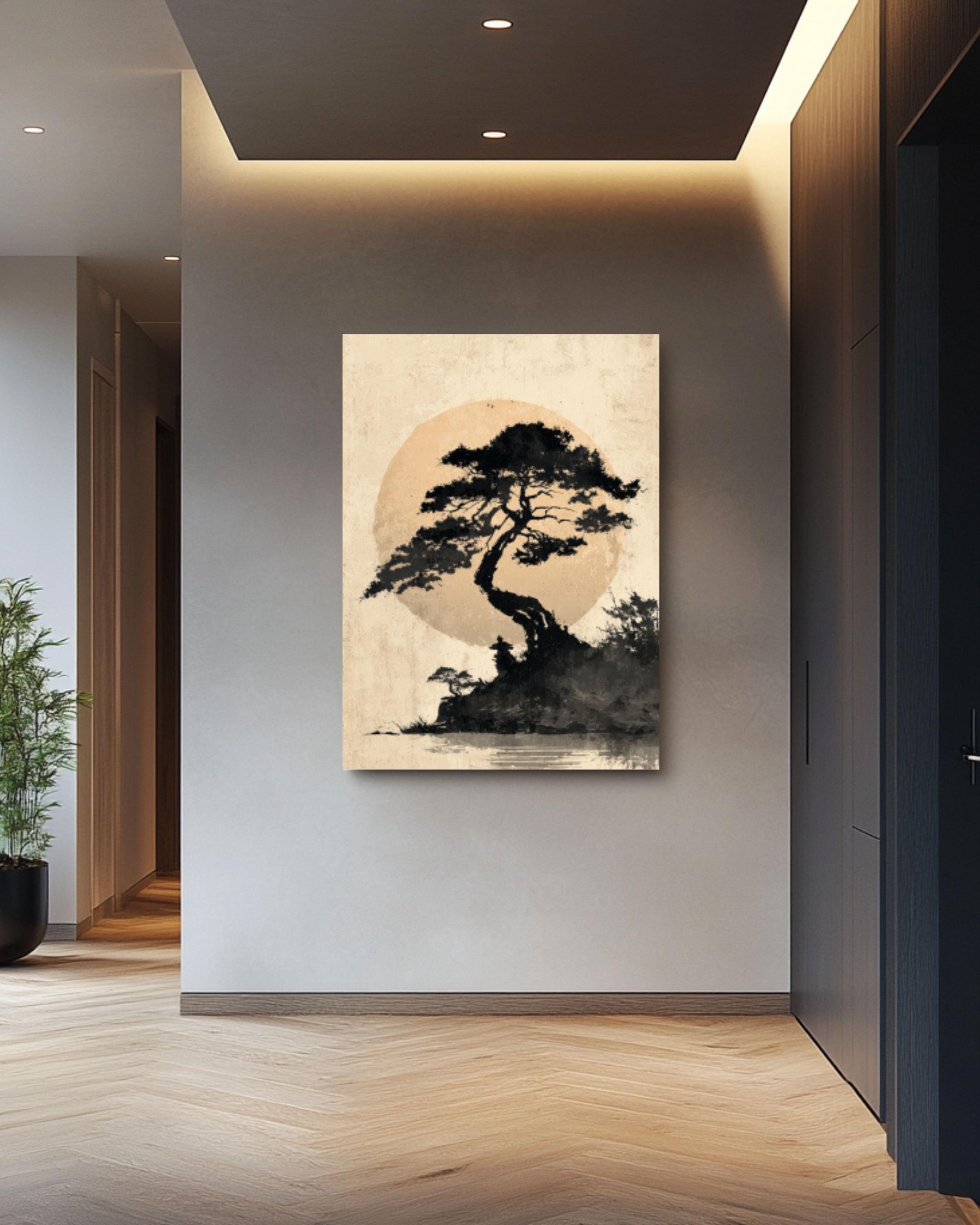 Japanese Tree and Moon Ink Wash Canvas Wall Art – Minimalist Zen Art
