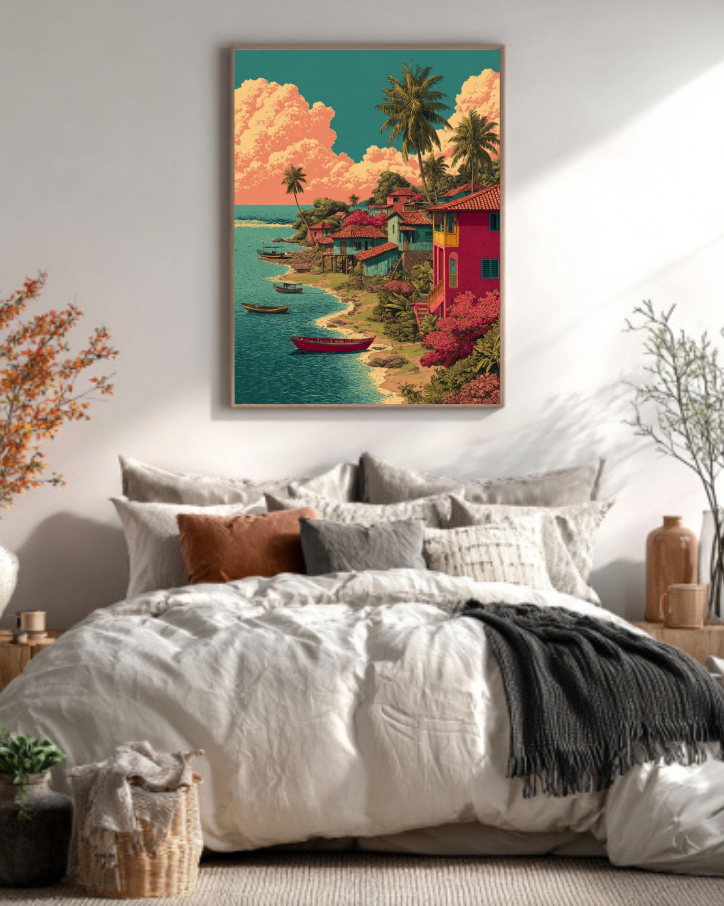 El Salvador Landscape Art: Colorful River Village Canvas Print Canvas Wall Art Print – Premium Home Decor