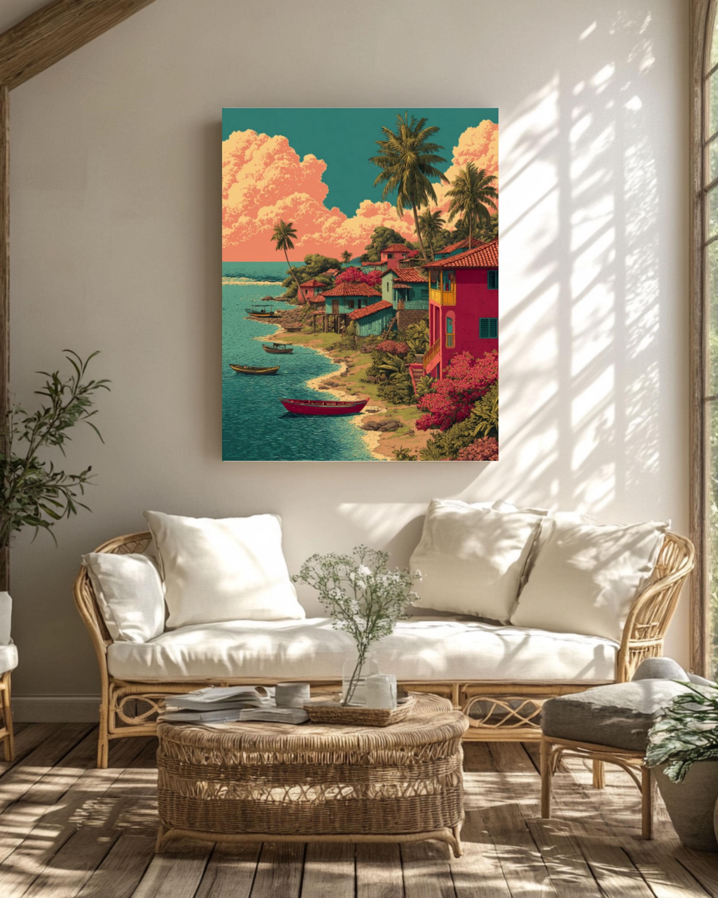 El Salvador Landscape Art: Colorful River Village Canvas Print Canvas Wall Art Print – Premium Home Decor