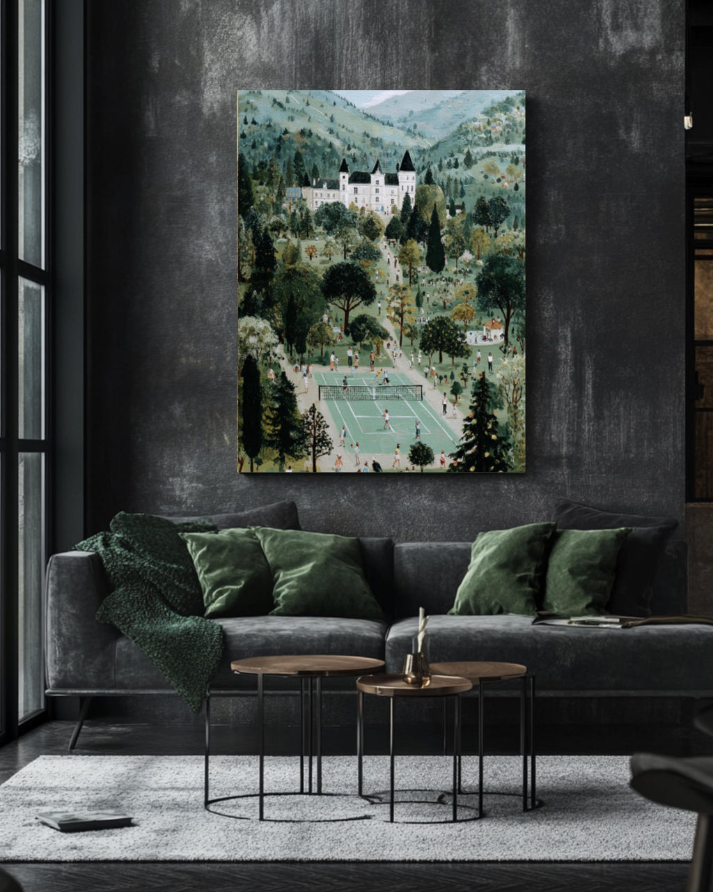 French Château Tennis Match Vintage Canvas Wall Art – Folk Style Painting