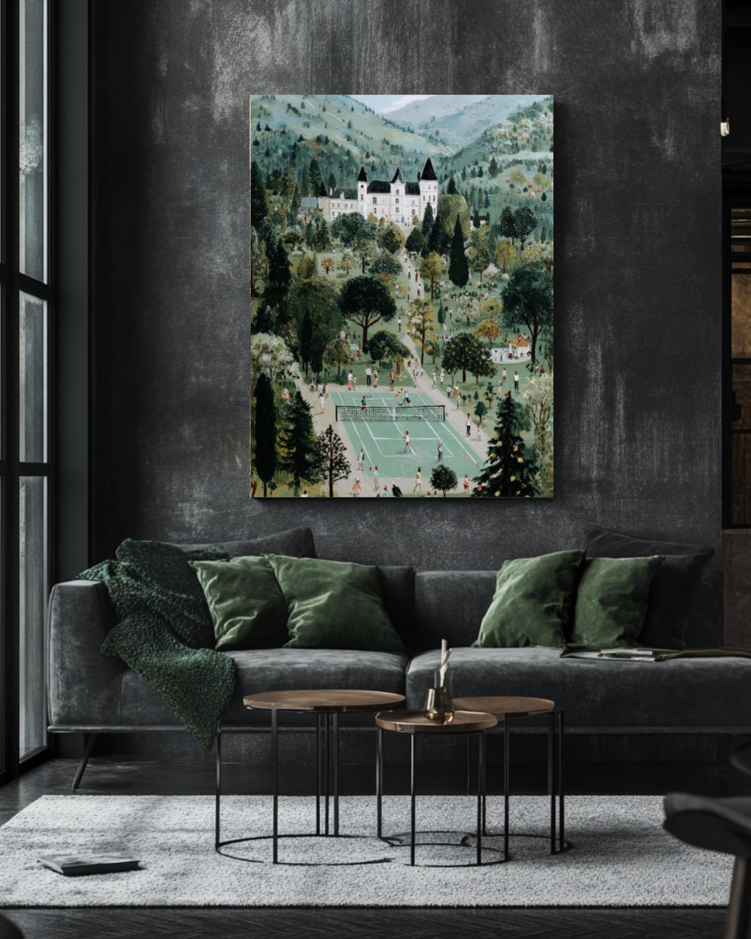 French Château Tennis Match Vintage Canvas Wall Art – Folk Style Painting