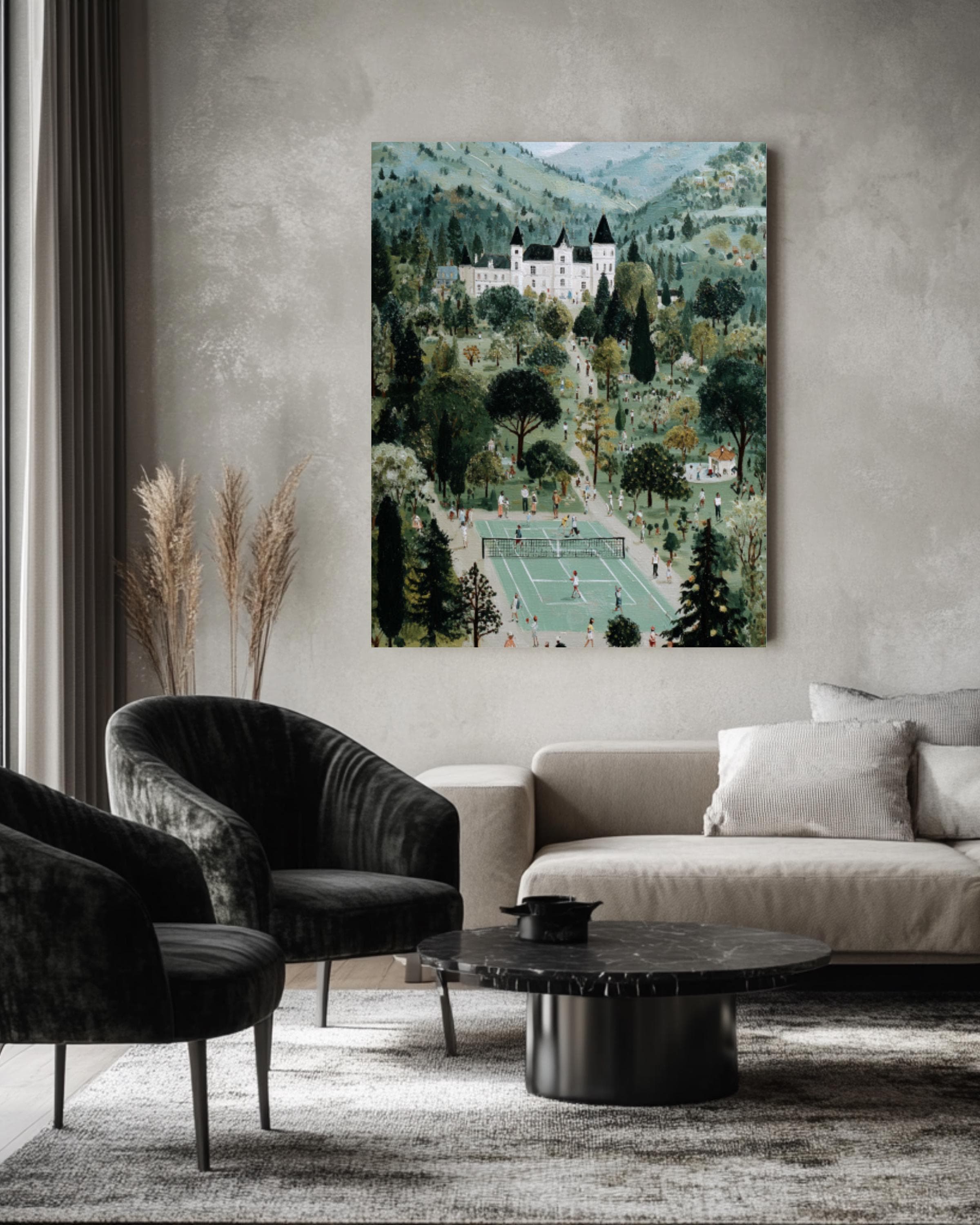 French Château Tennis Match Vintage Canvas Wall Art – Folk Style Painting