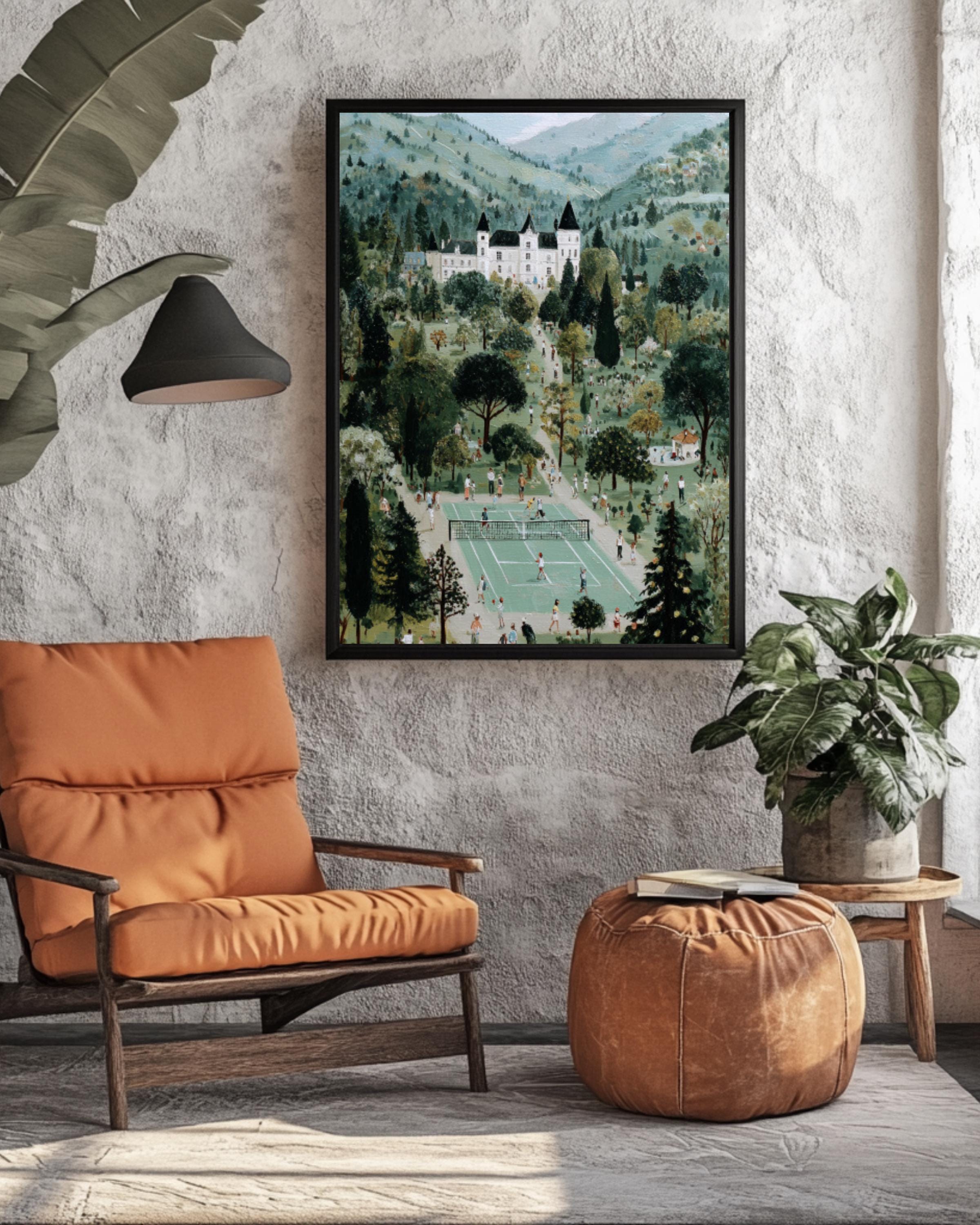 French Château Tennis Match Vintage Canvas Wall Art – Folk Style Painting