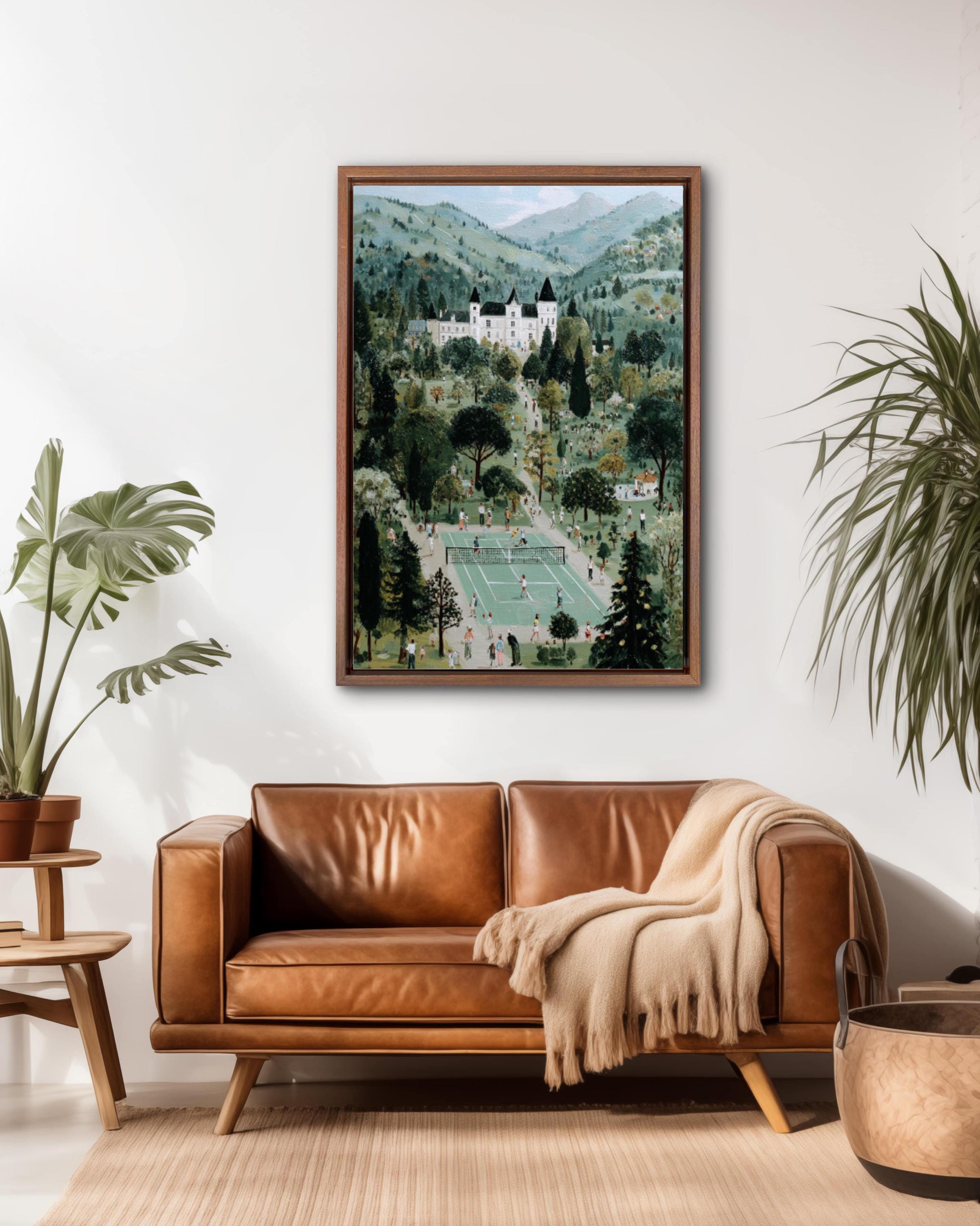 French Château Tennis Match Vintage Canvas Wall Art – Folk Style Painting