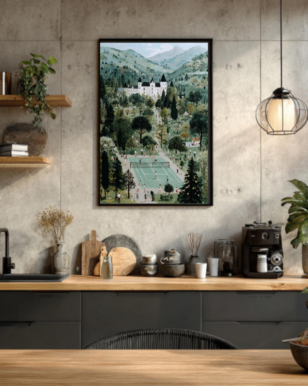 French Château Tennis Match Vintage Canvas Wall Art – Folk Style Painting
