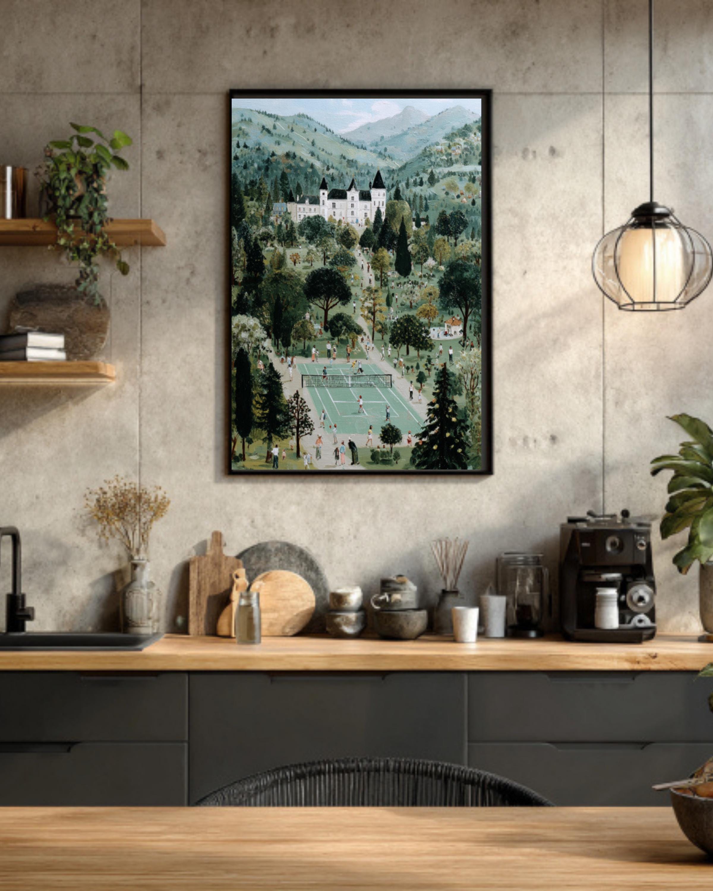 French Château Tennis Match Vintage Canvas Wall Art – Folk Style Painting