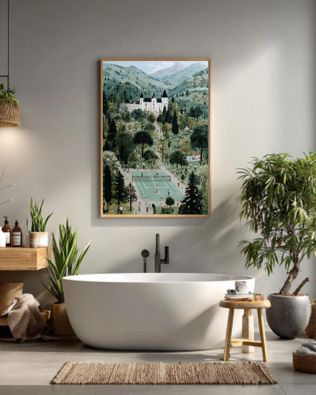 French Château Tennis Match Vintage Canvas Wall Art – Folk Style Painting