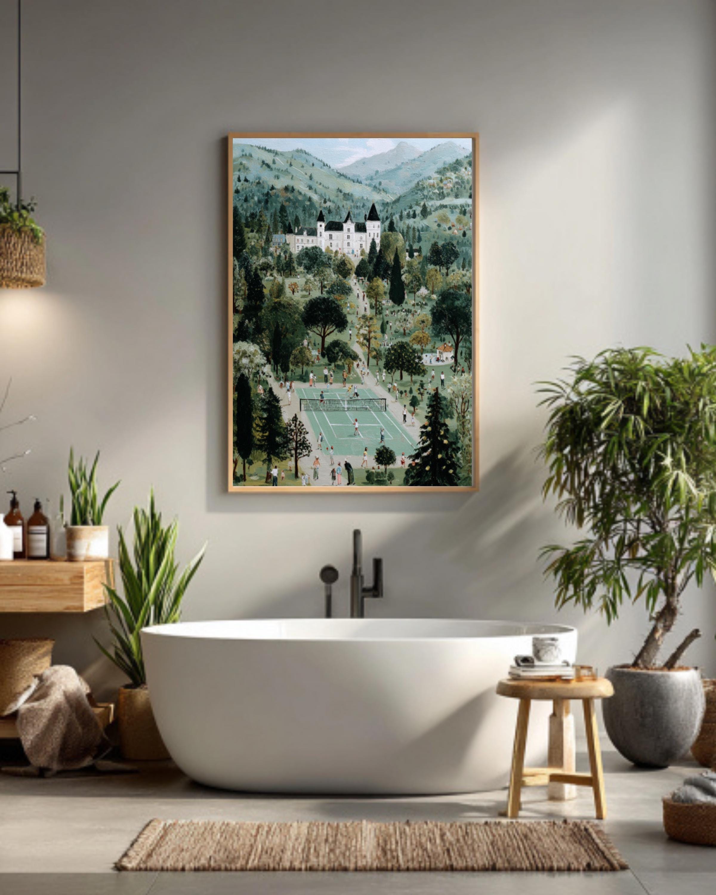 French Château Tennis Match Vintage Canvas Wall Art – Folk Style Painting