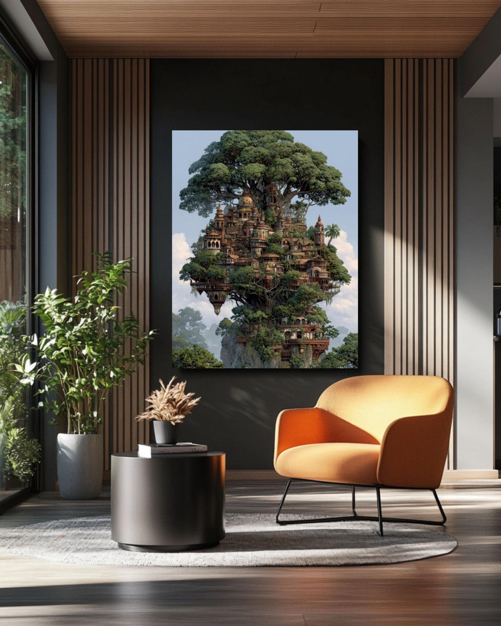 Elven Tree City Fantasy Wall Art – Magical Forest Architecture Print