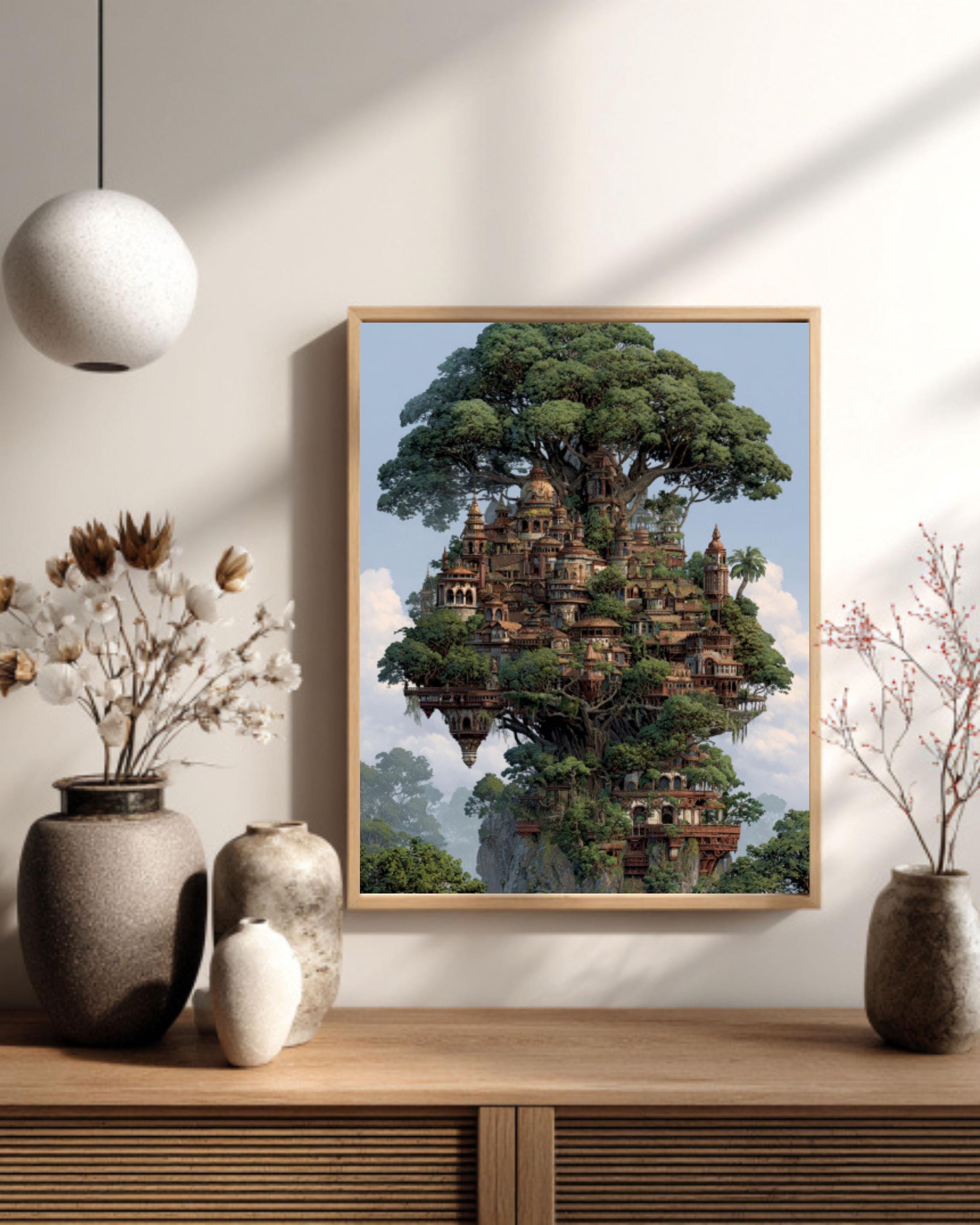 Elven Tree City Fantasy Wall Art – Magical Forest Architecture Print