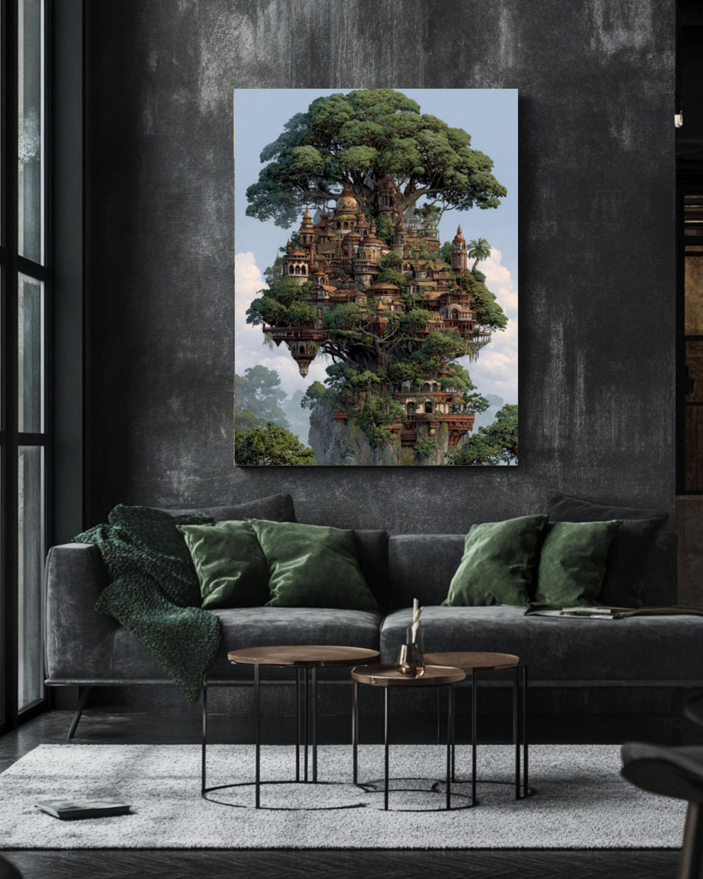 Elven Tree City Fantasy Wall Art – Magical Forest Architecture Print