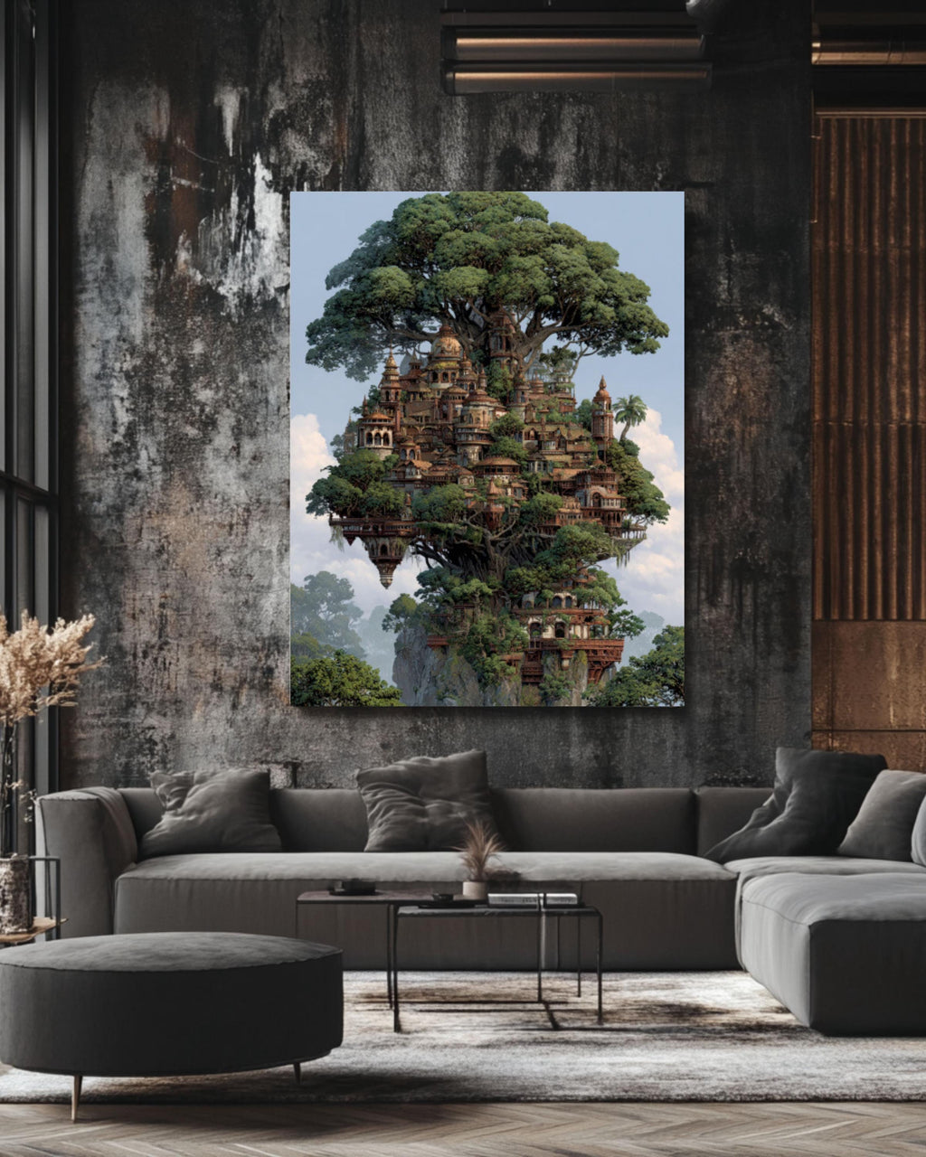 Elven Tree City Fantasy Wall Art – Magical Forest Architecture Print