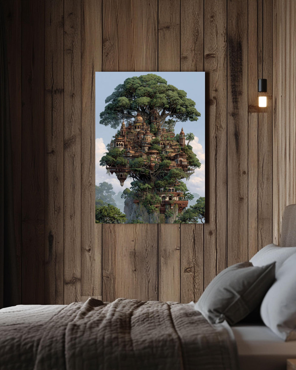 Elven Tree City Fantasy Wall Art – Magical Forest Architecture Print