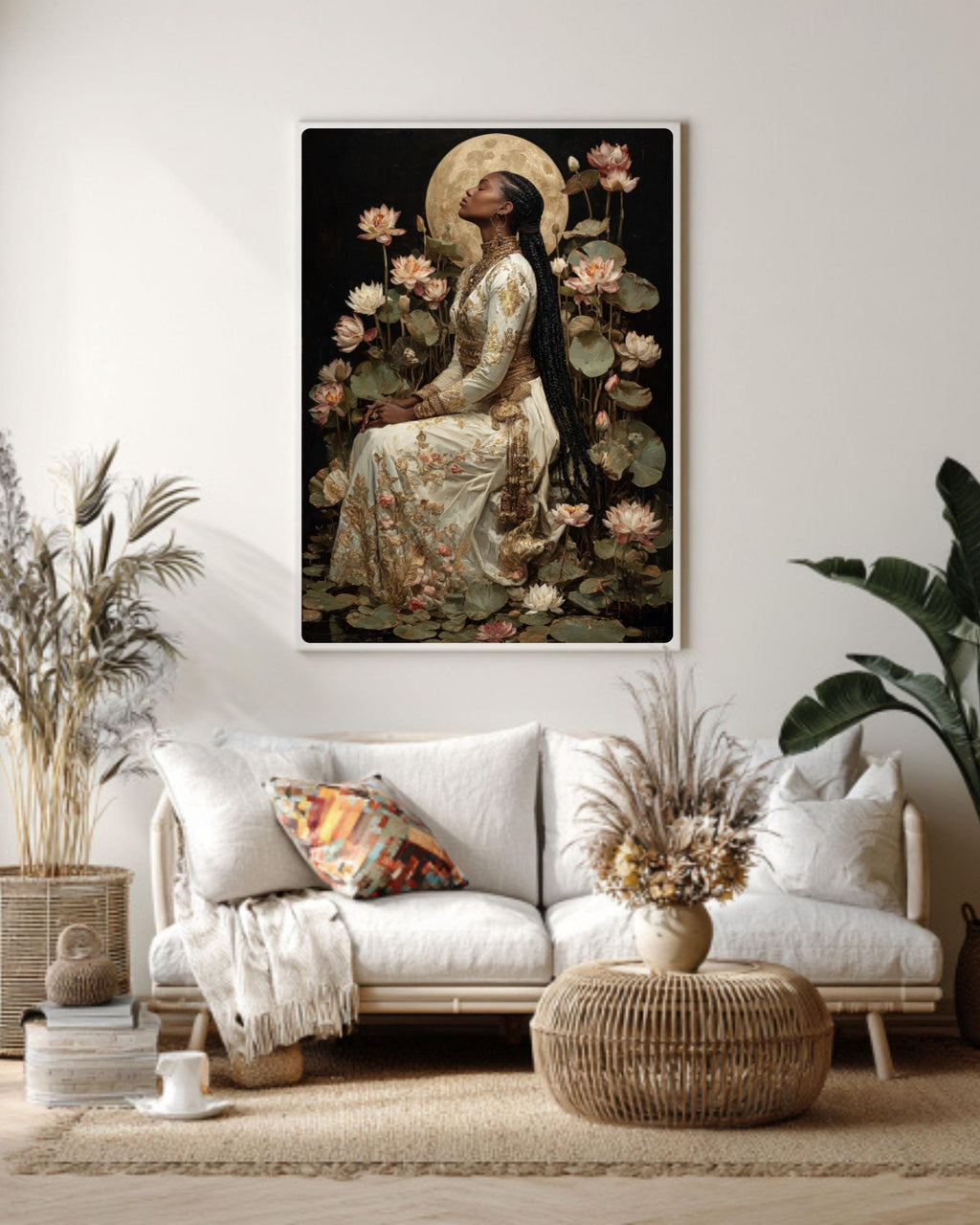 Baroque Moonlit Goddess Canvas Wall Art – Classical Woman with Lilies