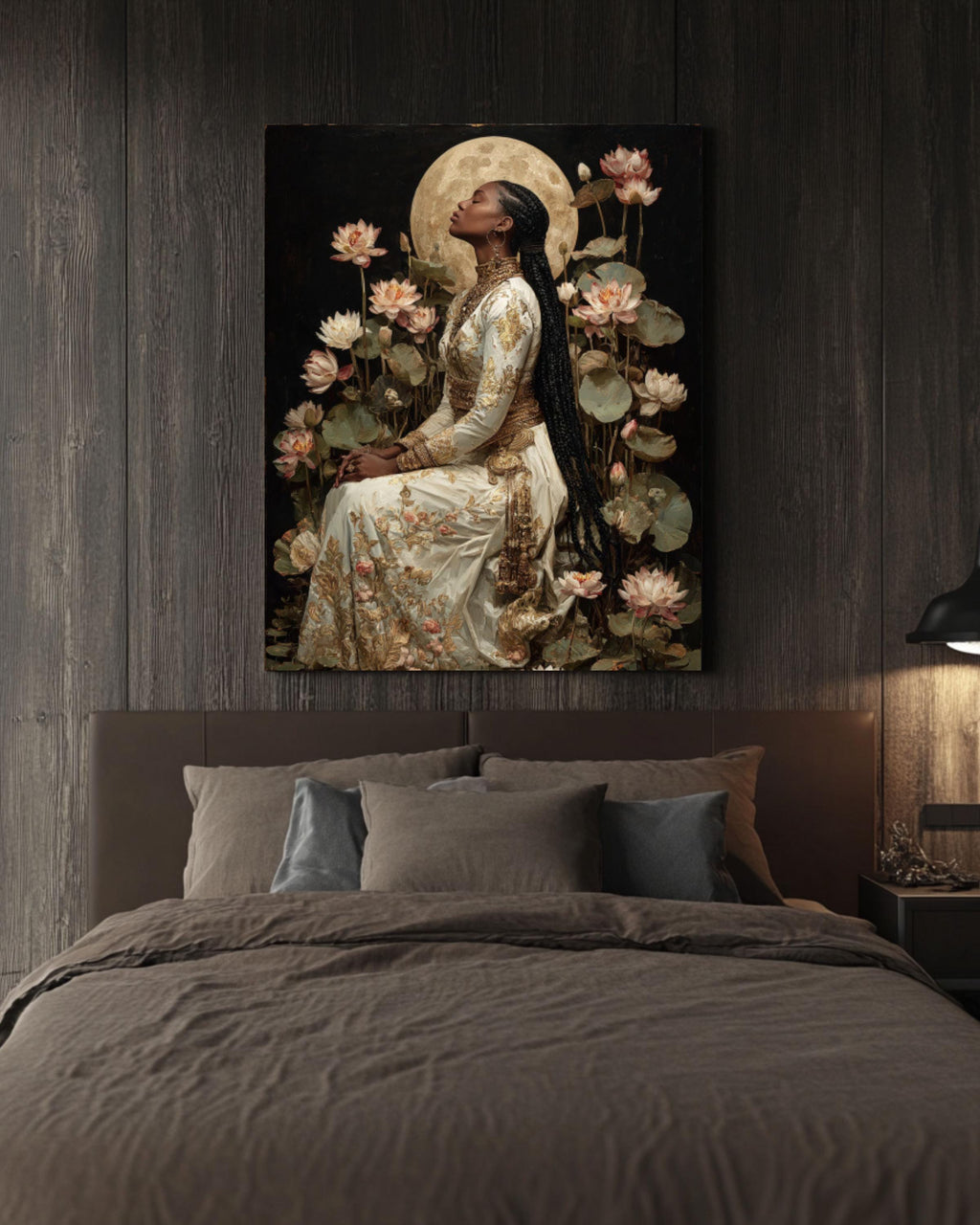 Baroque Moonlit Goddess Canvas Wall Art – Classical Woman with Lilies