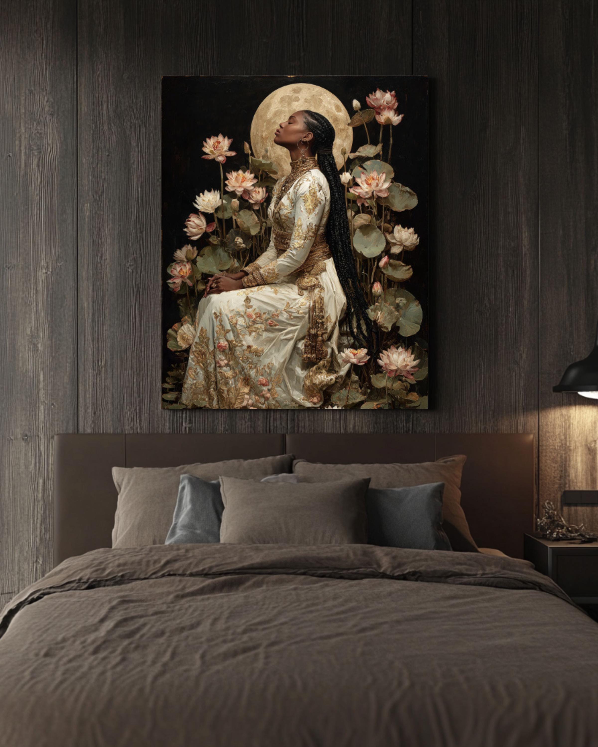 Baroque Moonlit Goddess Canvas Wall Art – Classical Woman with Lilies