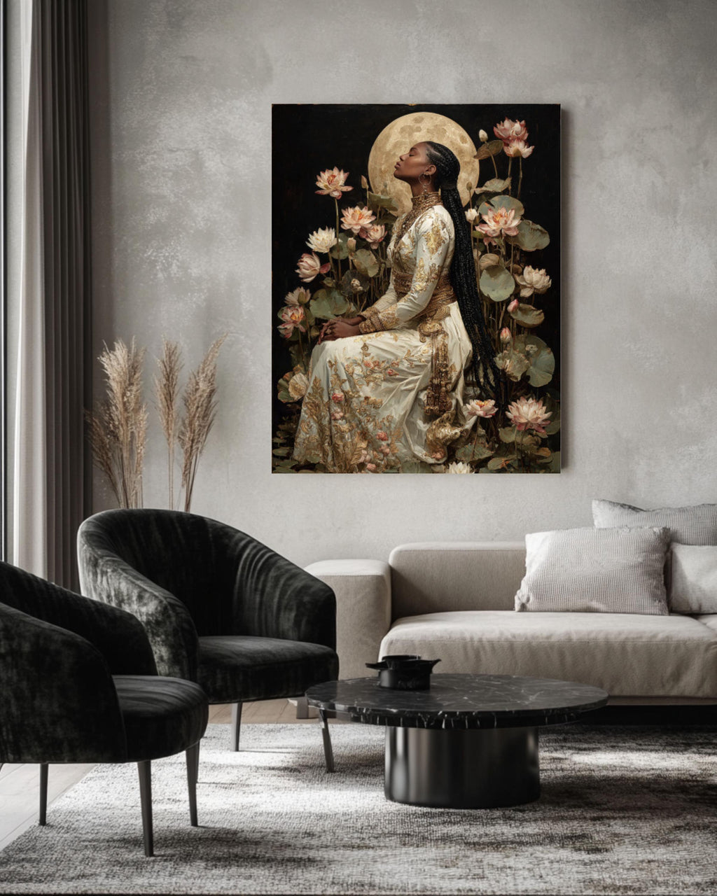 Baroque Moonlit Goddess Canvas Wall Art – Classical Woman with Lilies