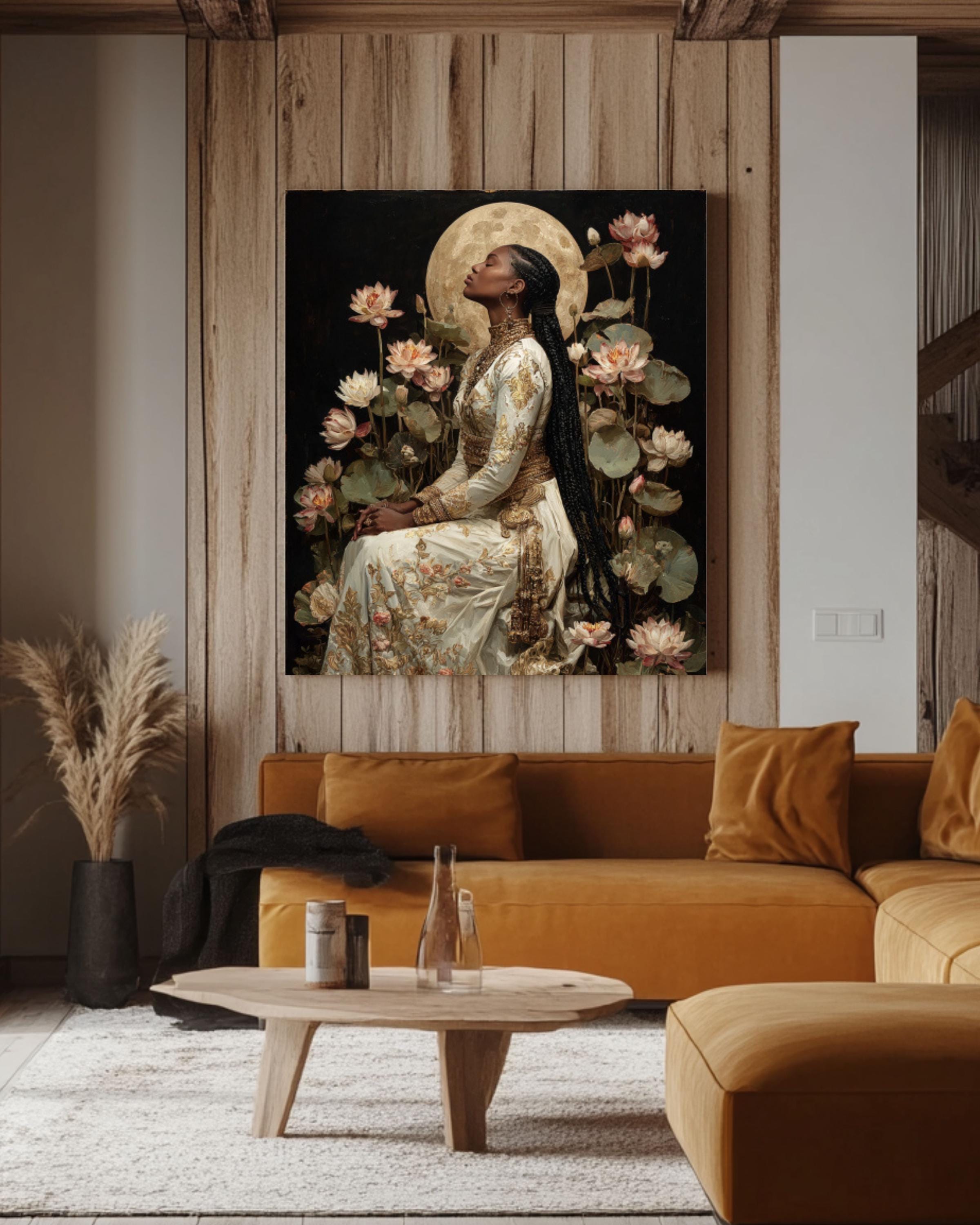 Baroque Moonlit Goddess Canvas Wall Art – Classical Woman with Lilies