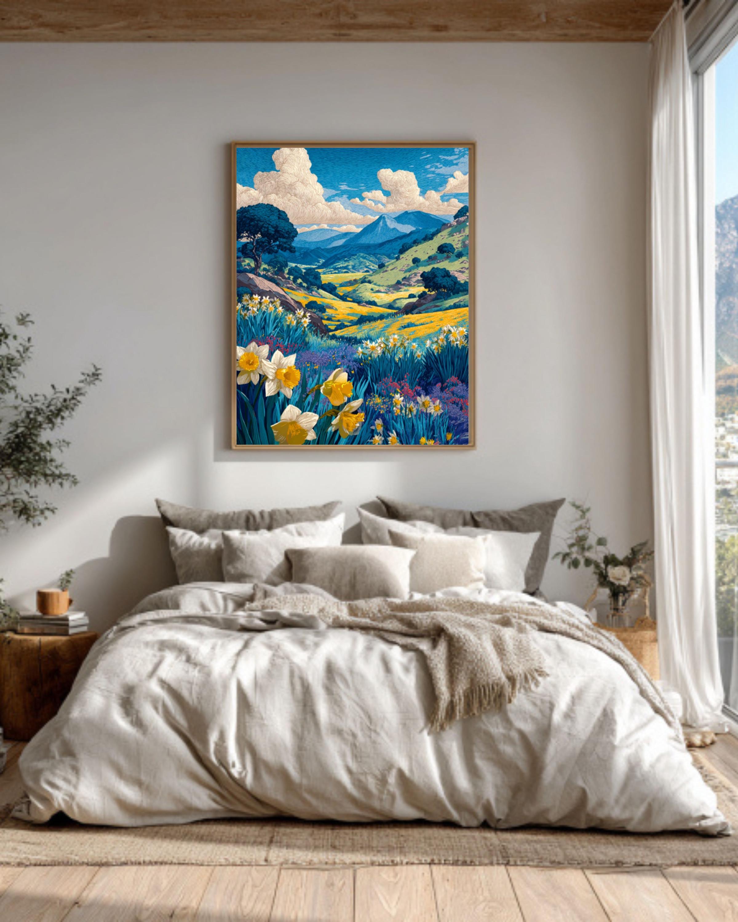 Ojai Valley Wildflower Linocut Art Print – Vintage Botanical Landscape