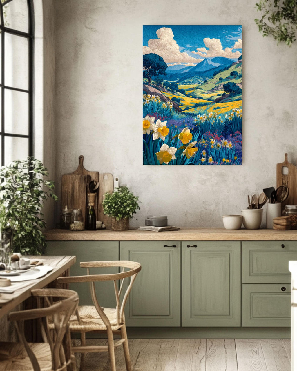 Ojai Valley Wildflower Linocut Art Print – Vintage Botanical Landscape