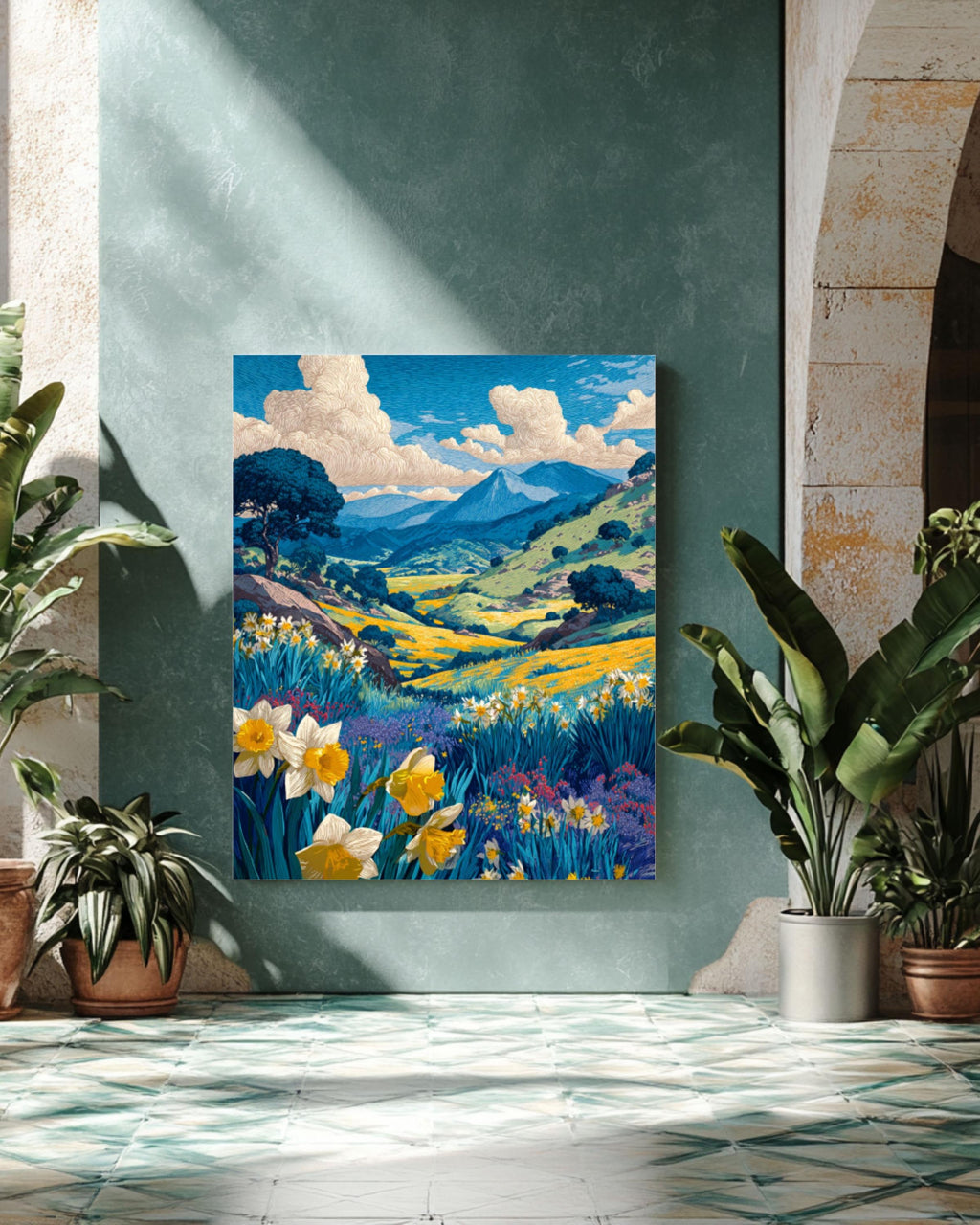 Ojai Valley Wildflower Linocut Art Print – Vintage Botanical Landscape