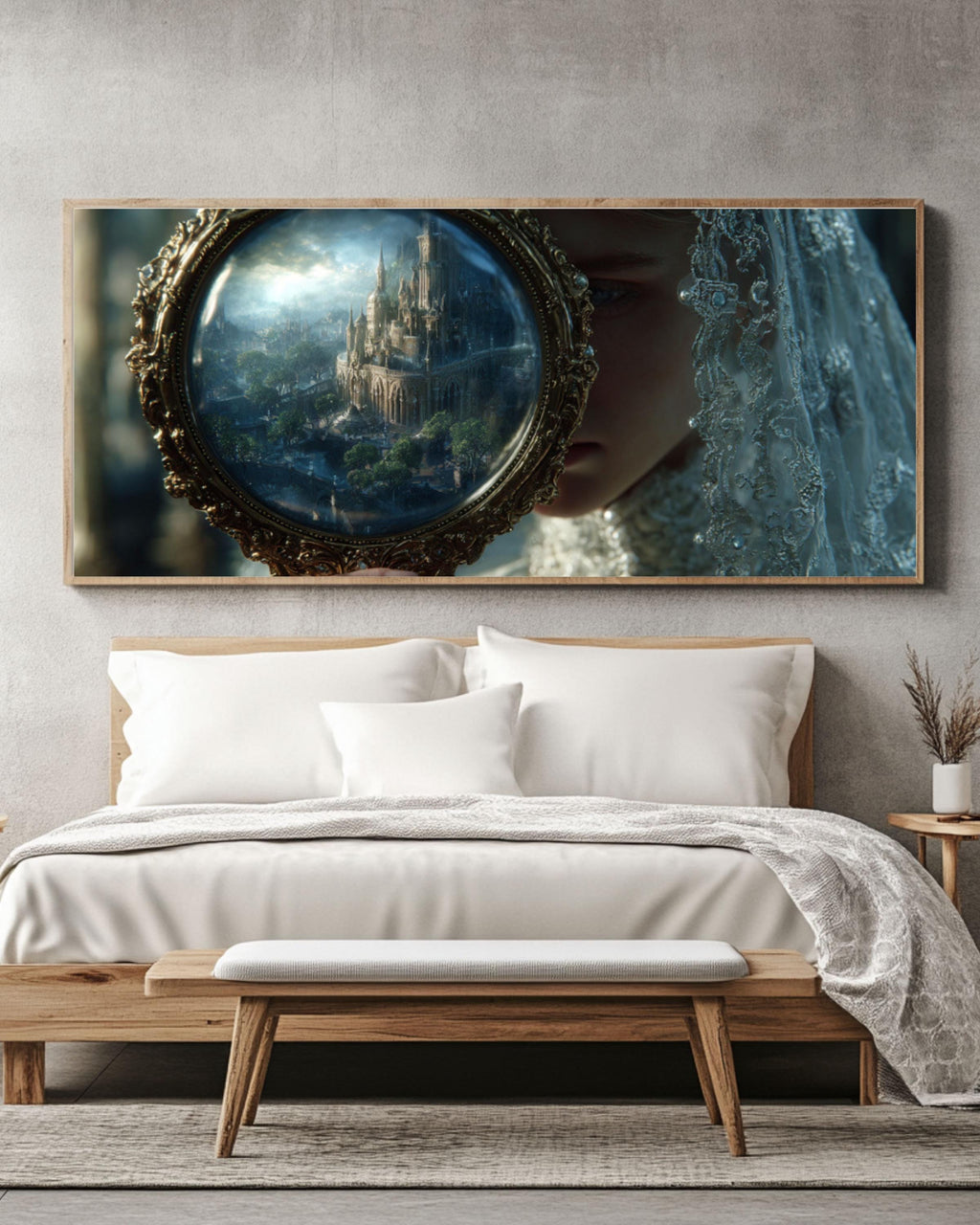 Gothic Witch Portrait Canvas Wall Art – Lace Veil Mirror Illustration