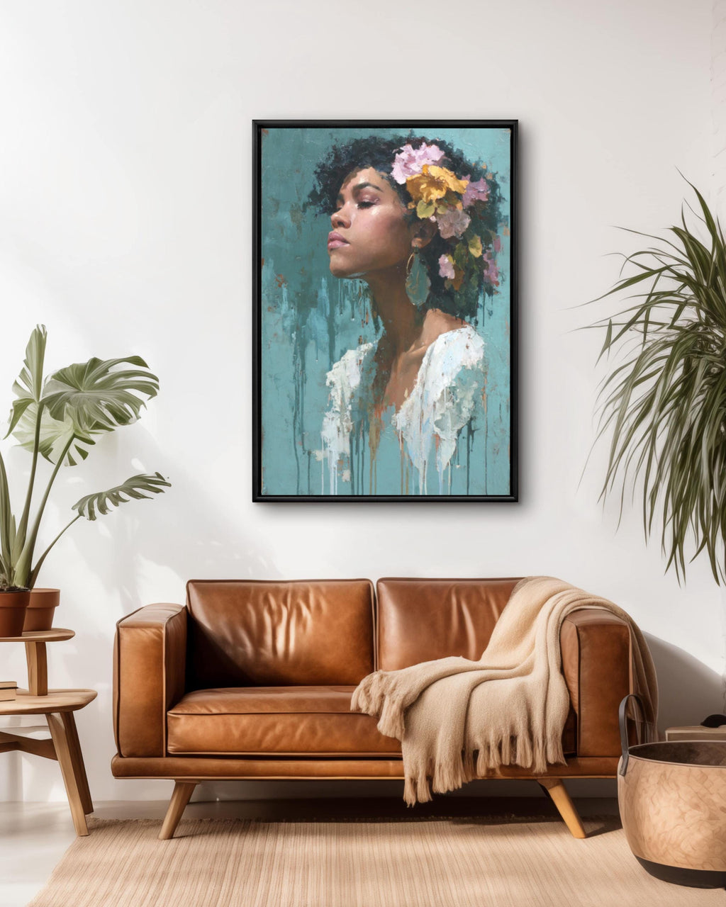 Afro Queen Portrait Canvas Wall Art – Black Woman with Flowers Painting